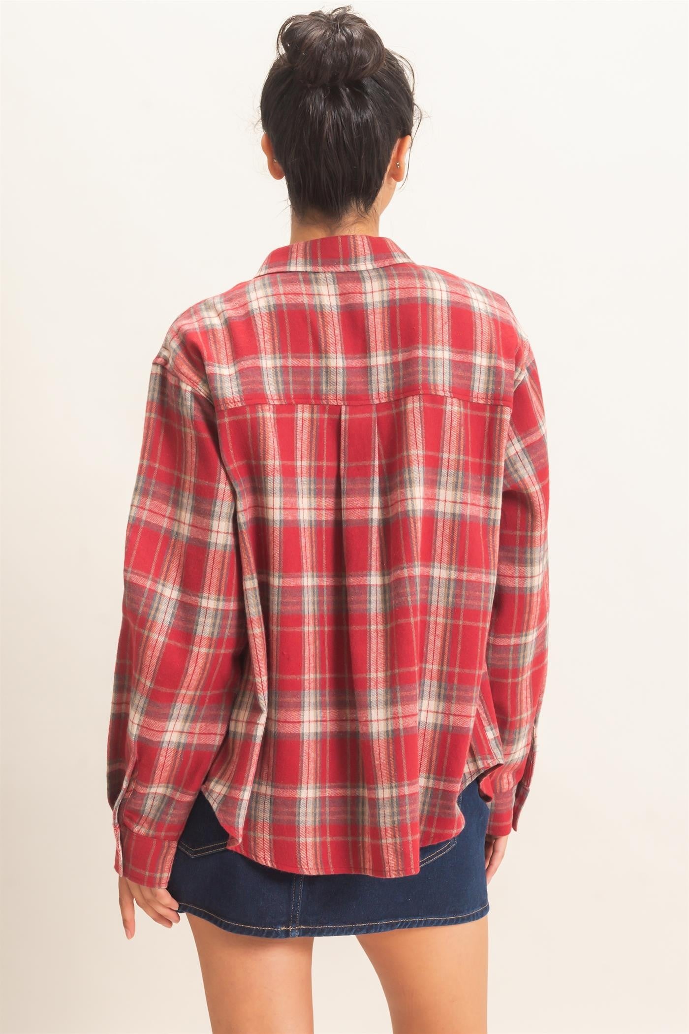 W Plaid Long Sleeve Shirt-Red