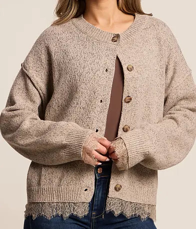 W Lace Trim Button Down Knit Cardigan