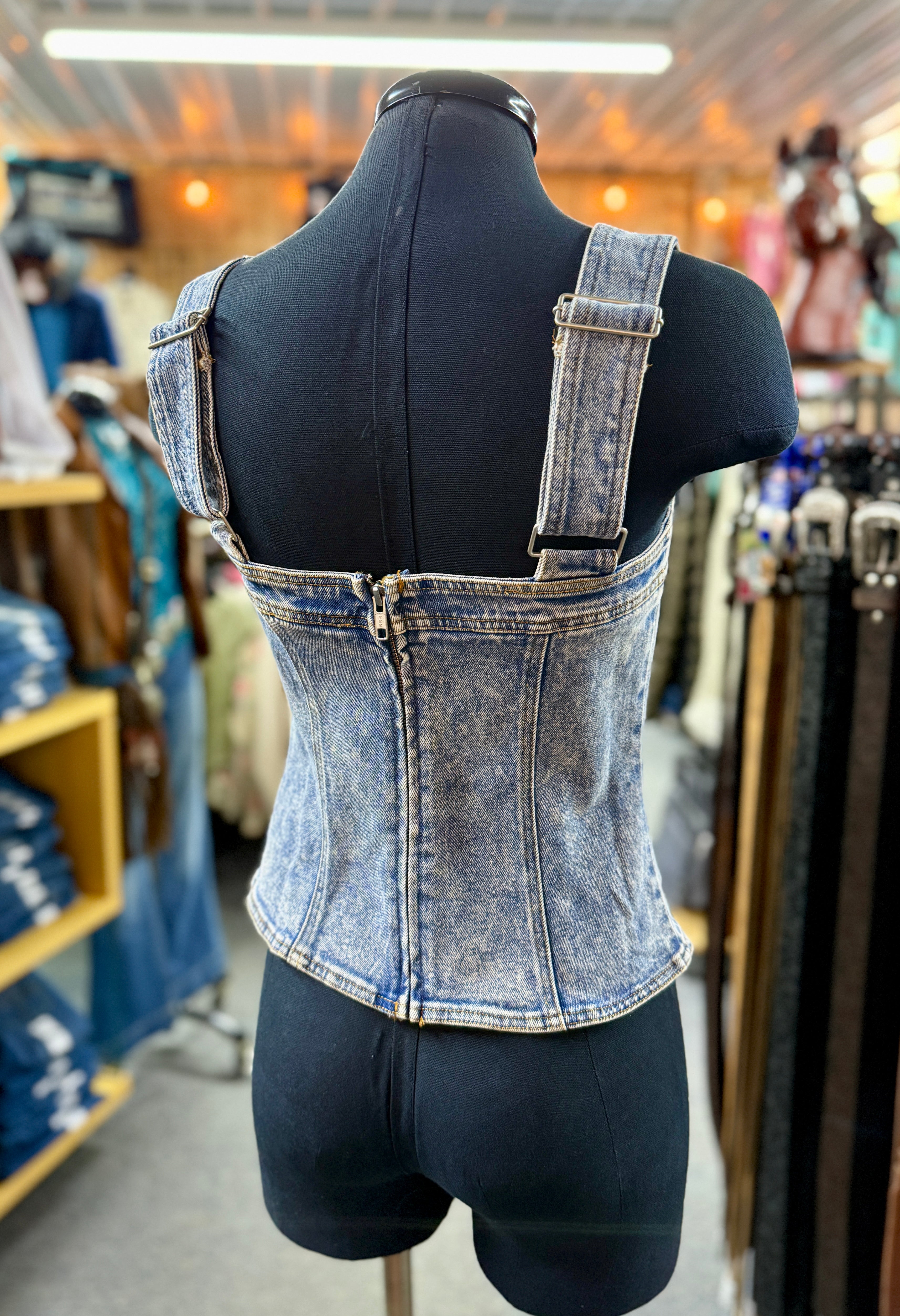 Buckle Strap Studded Denim Top