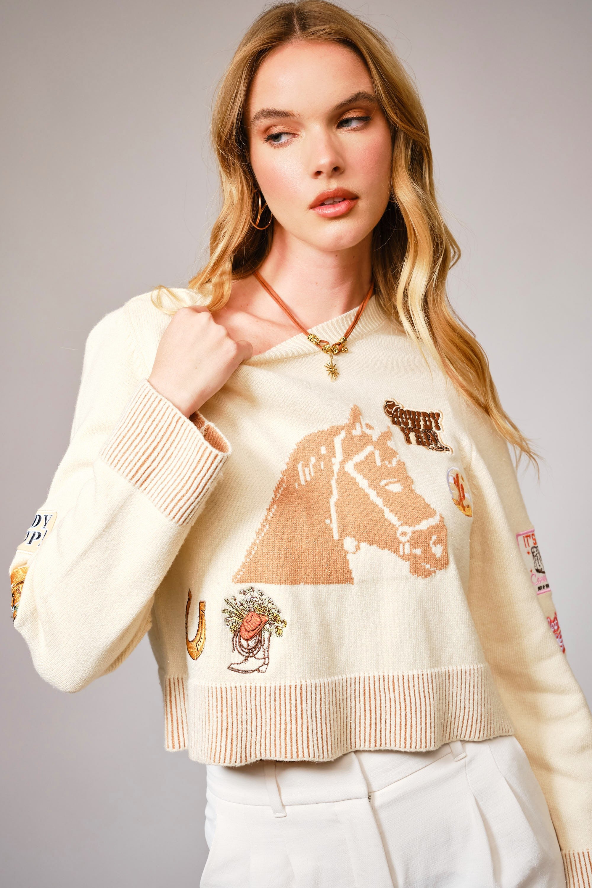 W Horse Graphic Western Patch Sweater