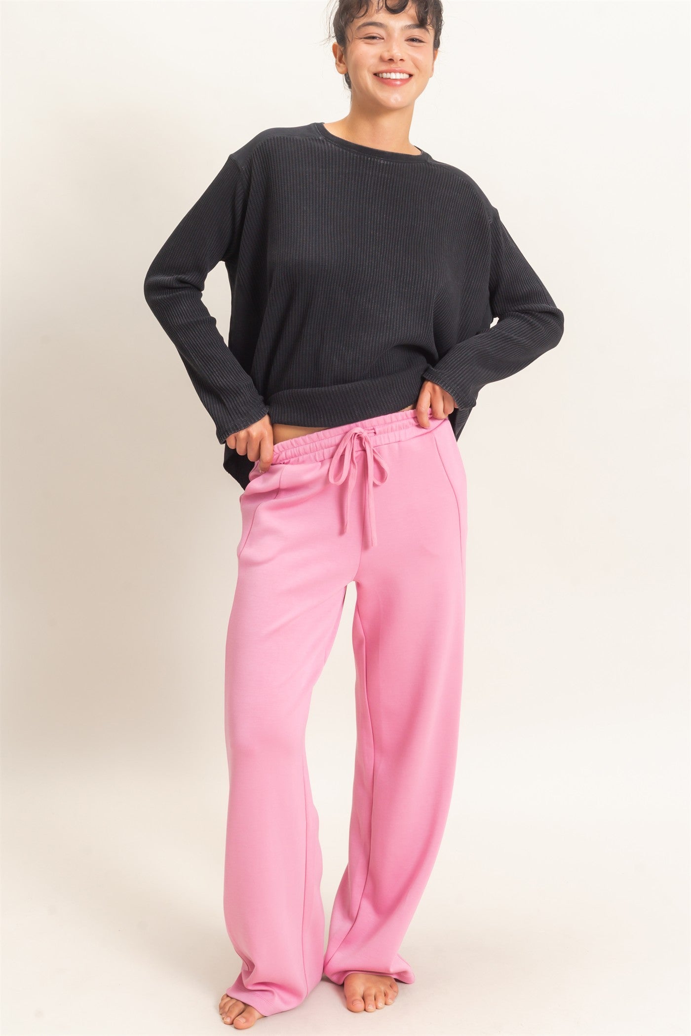 W Elastic Waist Striaght Leg Pant-Pink