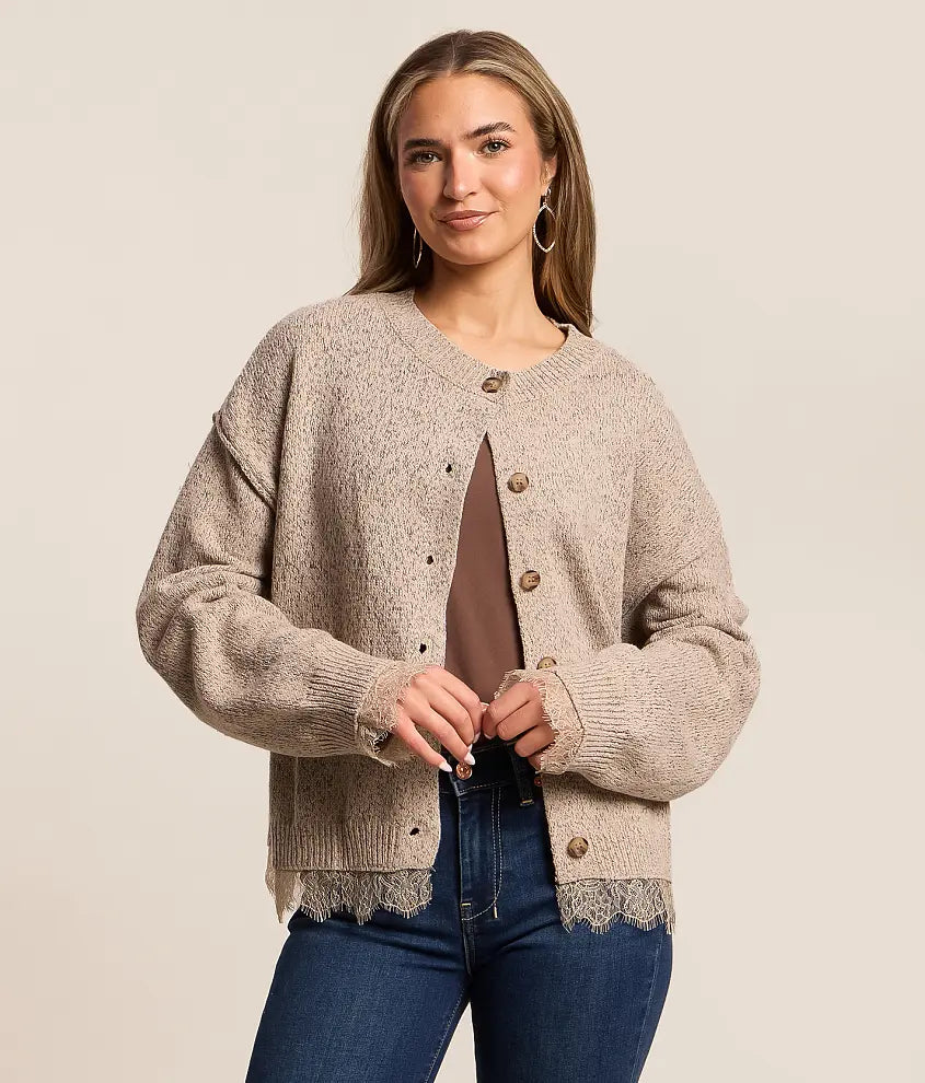 W Lace Trim Button Down Knit Cardigan