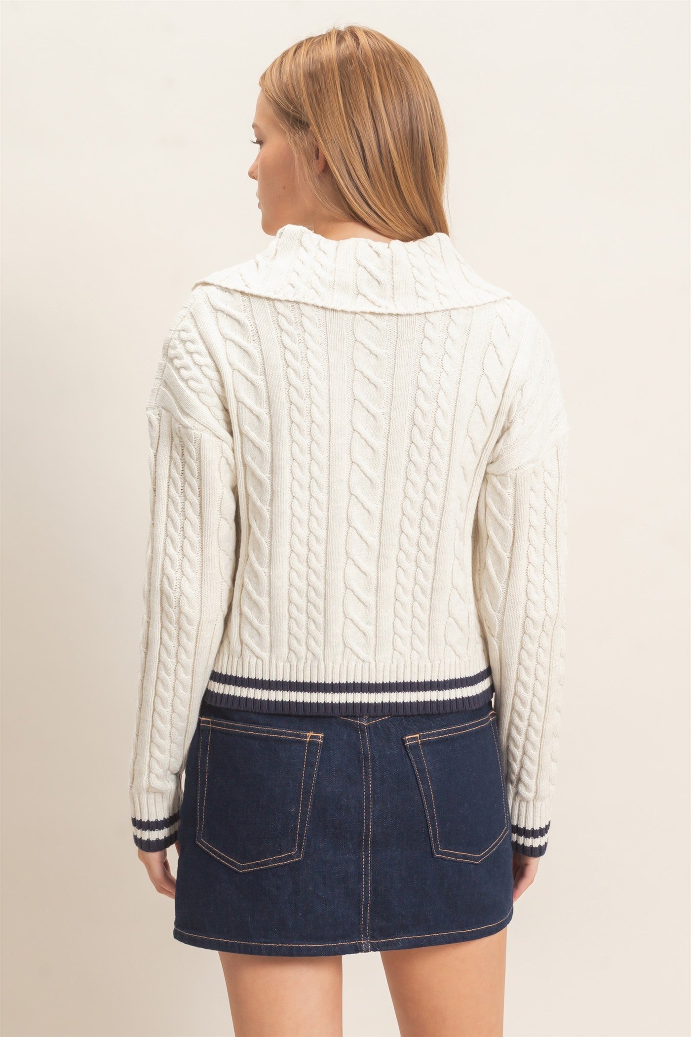 W Cable Knit Sweater-Bone White