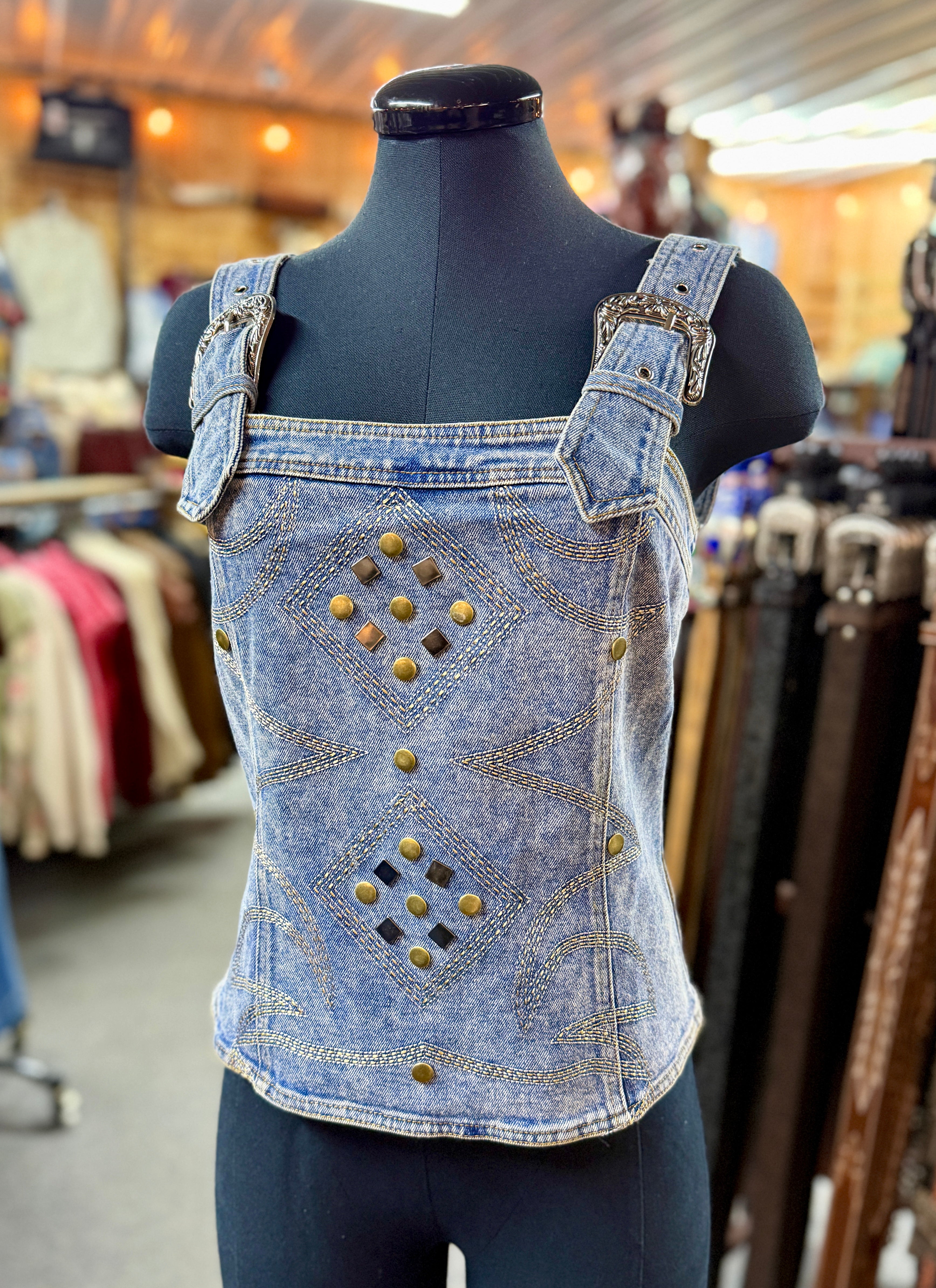 Buckle Strap Studded Denim Top
