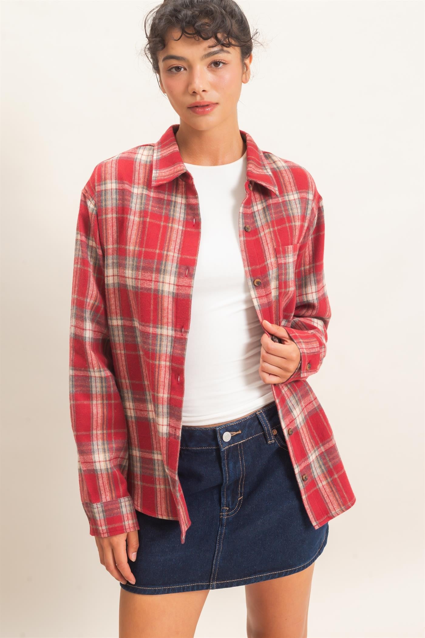 W Plaid Long Sleeve Shirt-Red