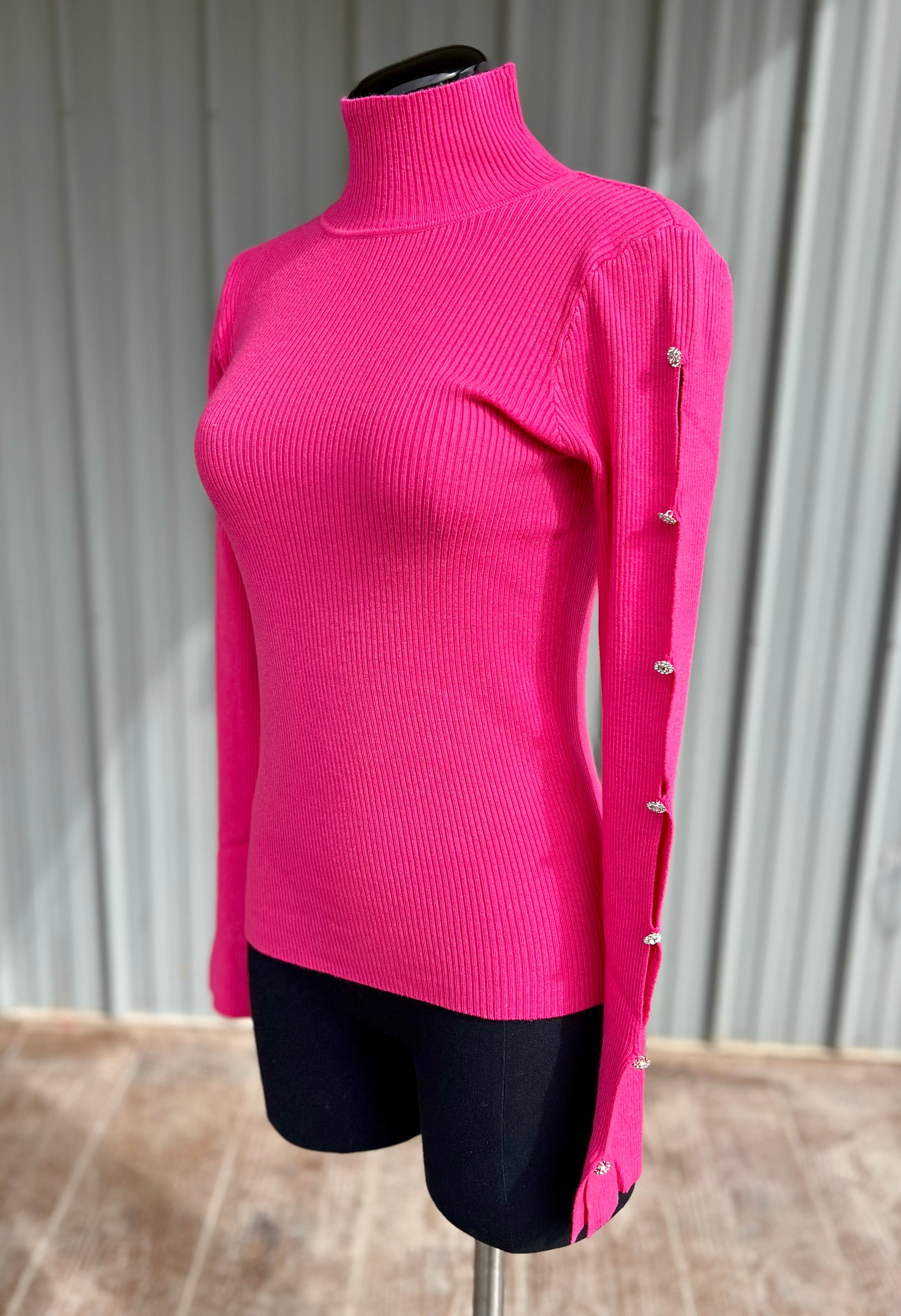 Pink Ribbed Turtleneck with Crystal Sleeves