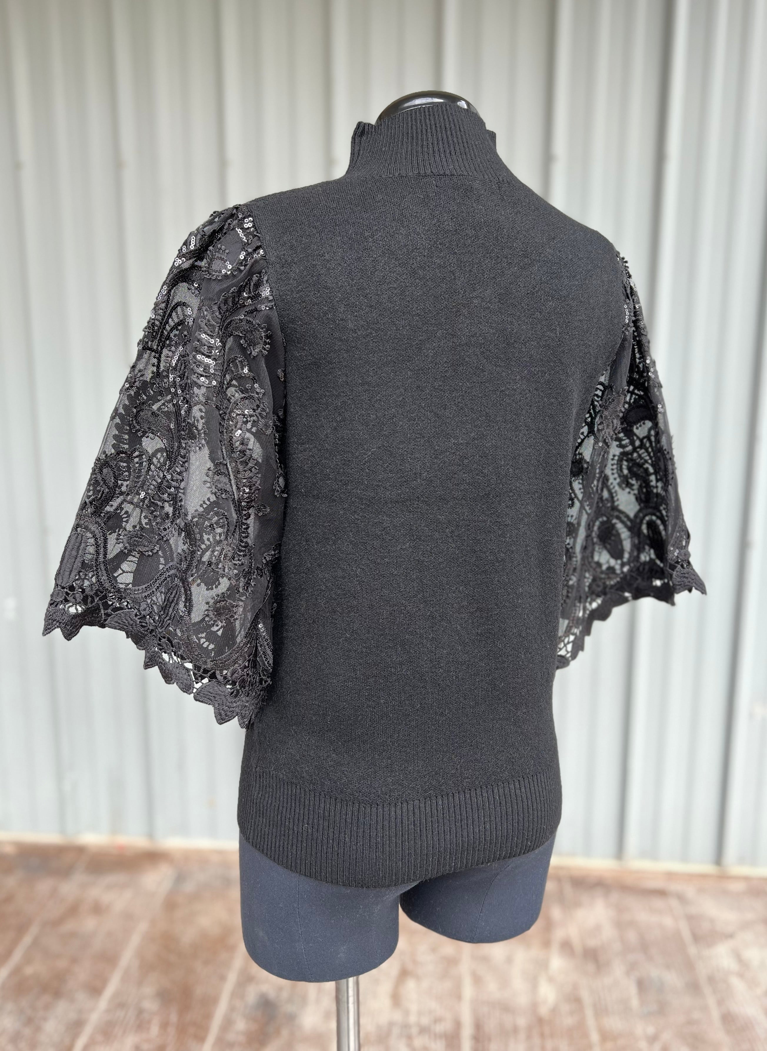Black Sweater with Sequin Lace Sleeves