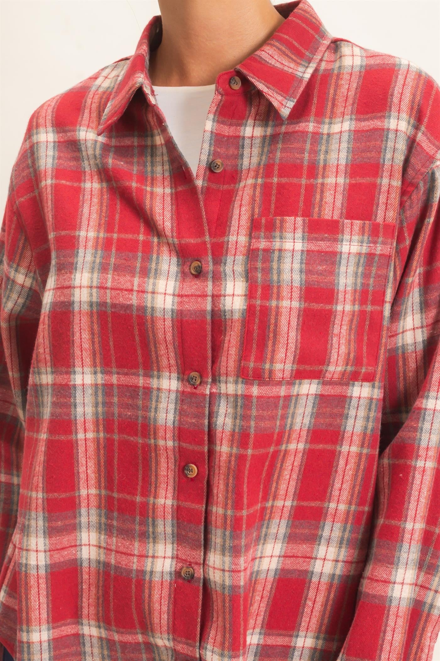W Plaid Long Sleeve Shirt-Red