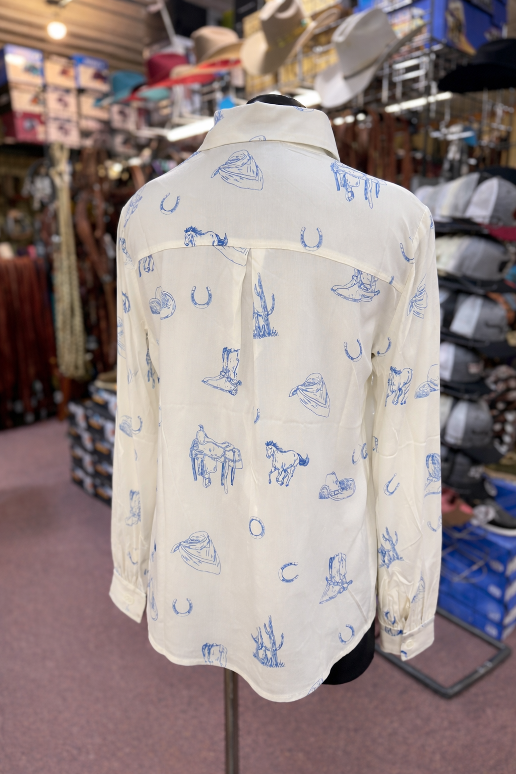 Off White Blue Horse Print Long Sleeve Blouse Top