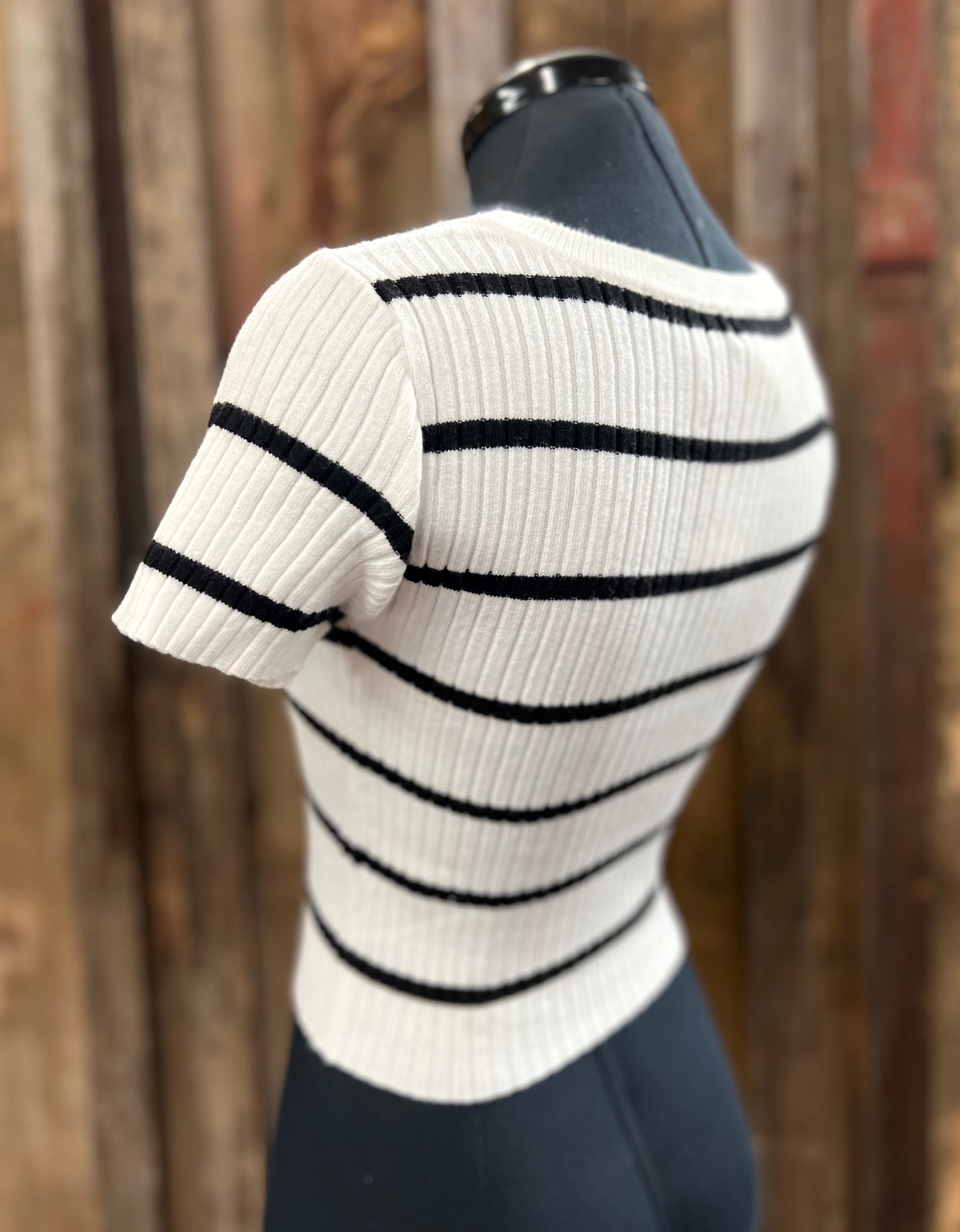 Striped Ribbed Top Button White