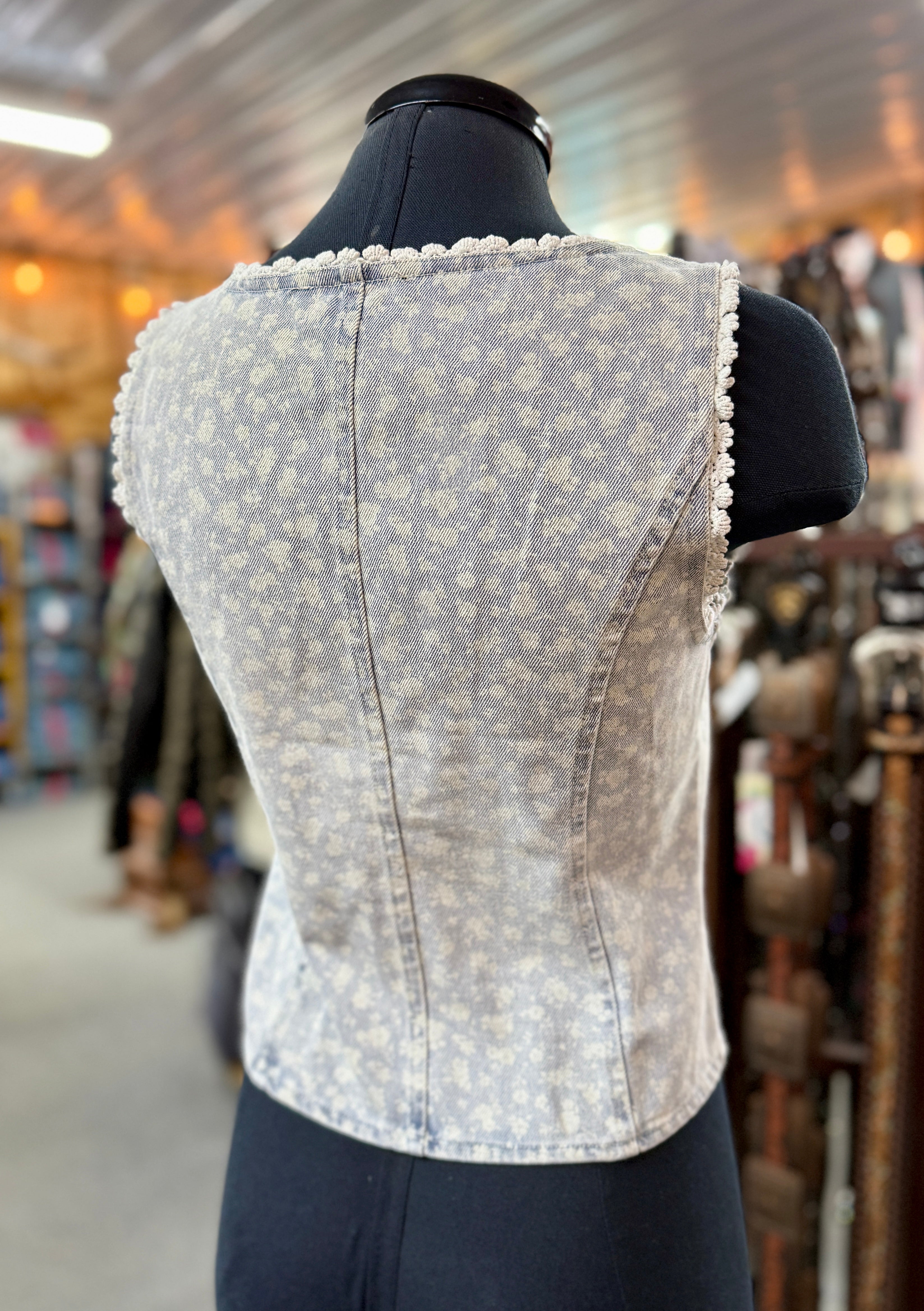 Light Denim Floral Print Button Vest