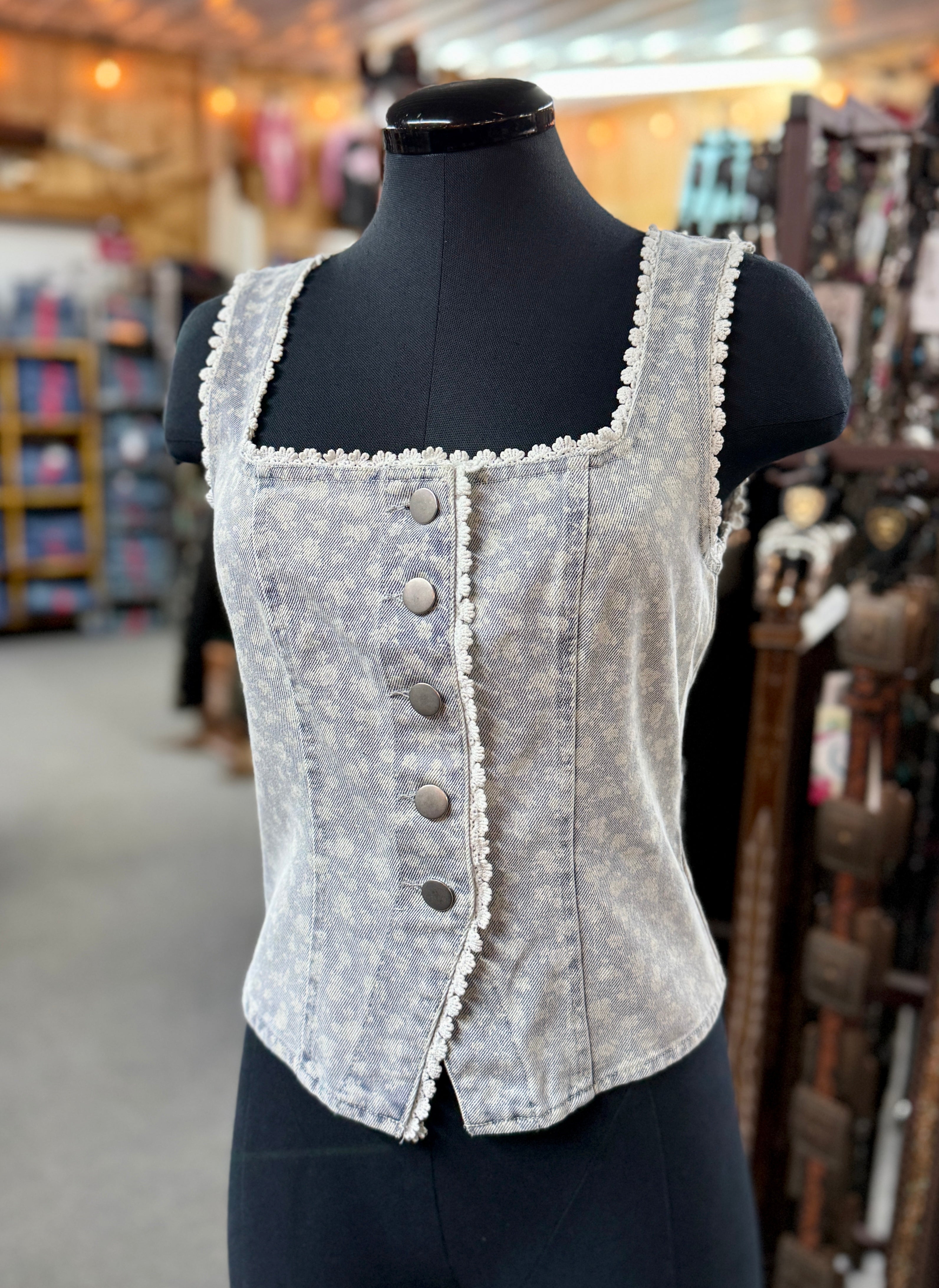 Light Denim Floral Print Button Vest