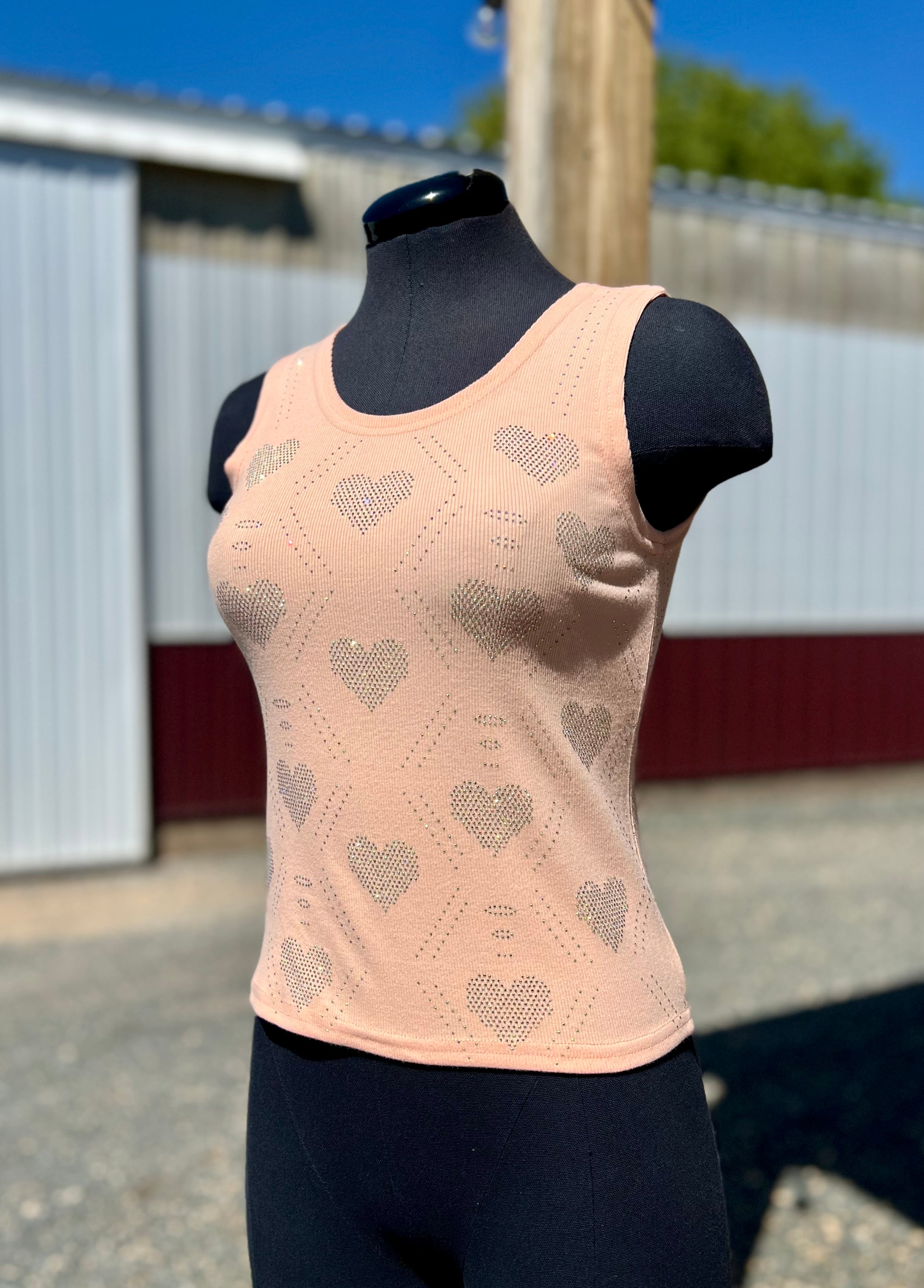 Peach Ribbed Tank Top with Crystals