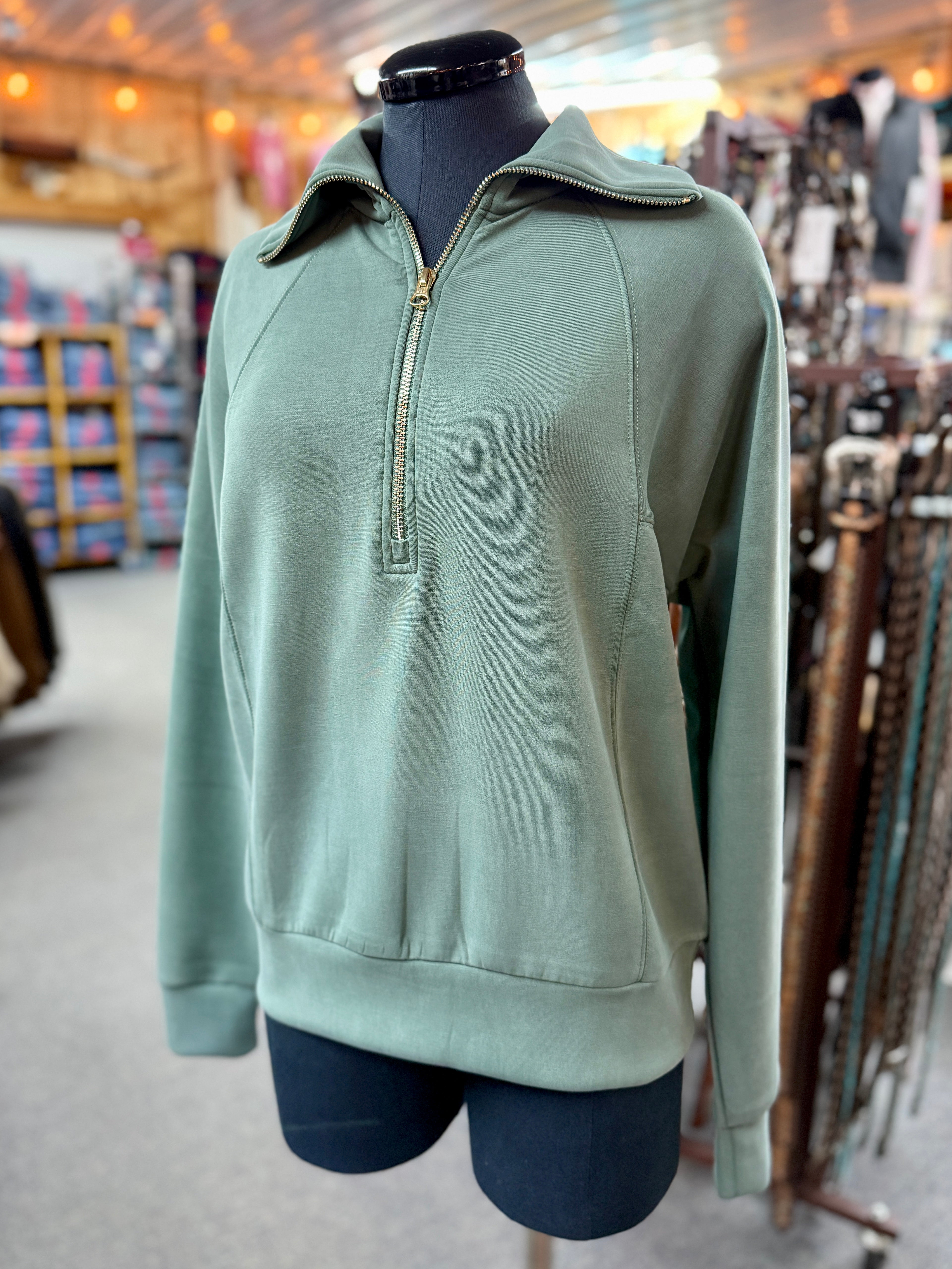 1/4 Zip Laguna Scuba Long Sleeve Pullover in Evergreen & Taupe