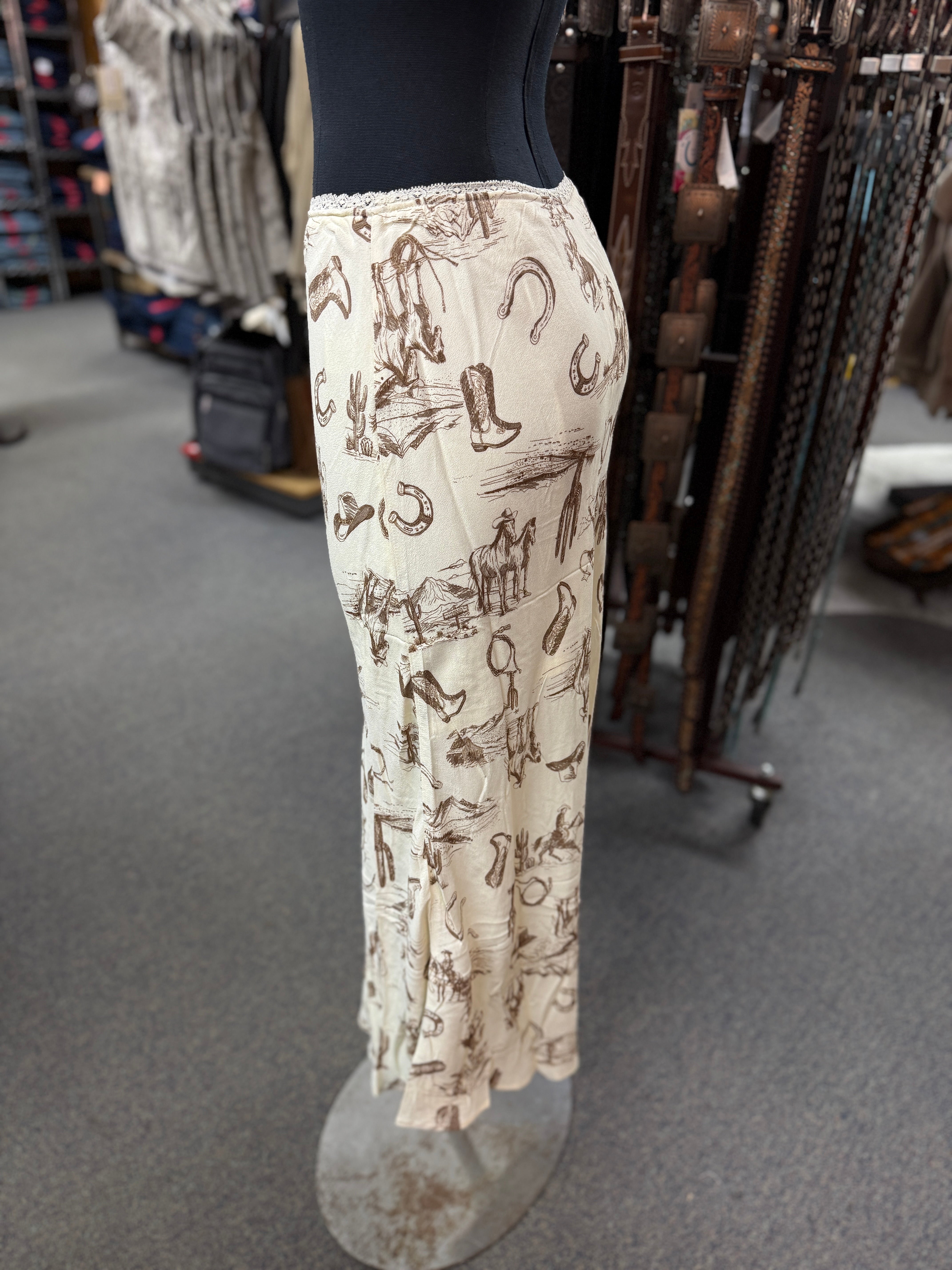 Ivory Western Print Midi Skirt