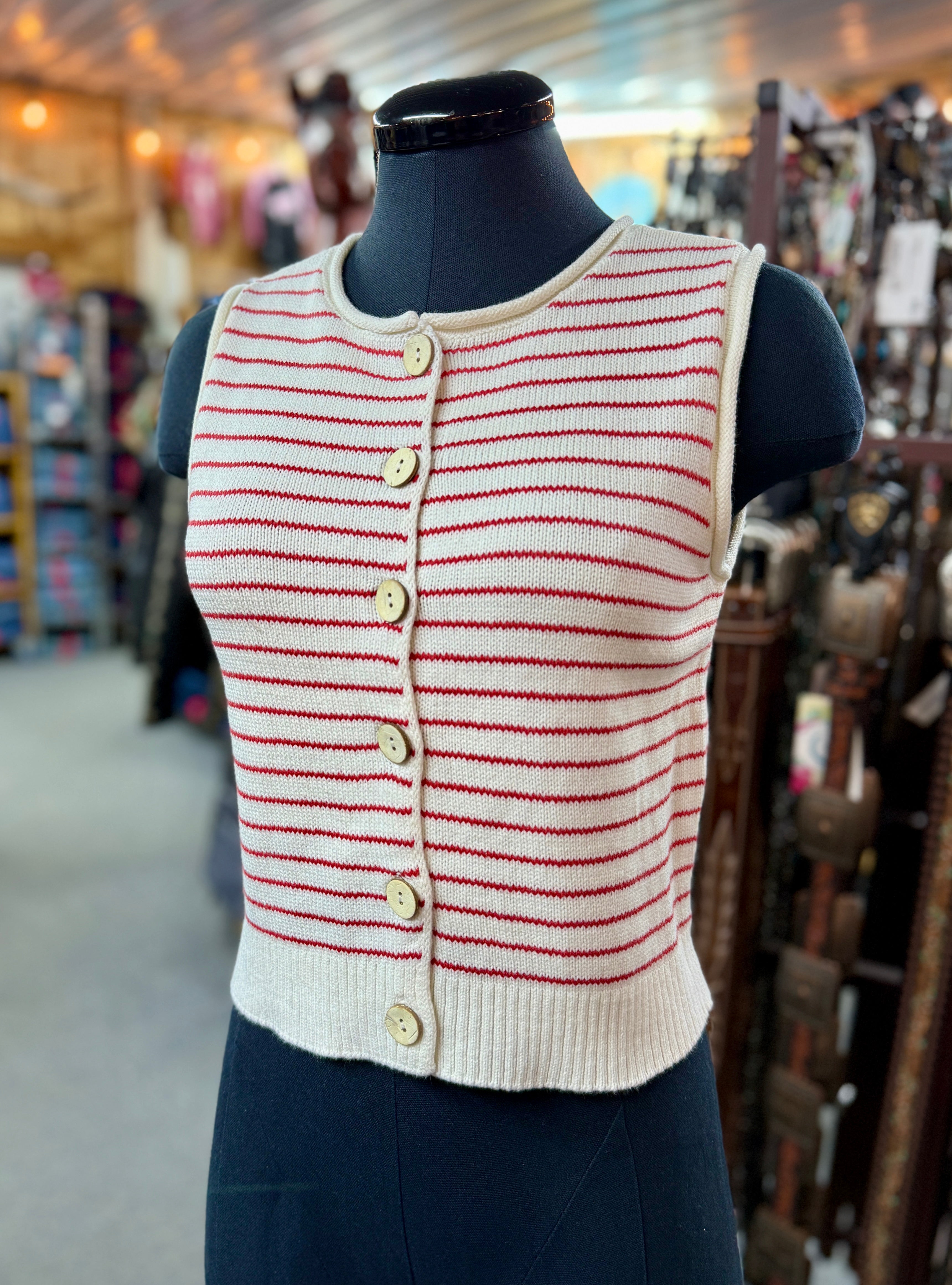 Ivory Stripe Knit Button Up Vest
