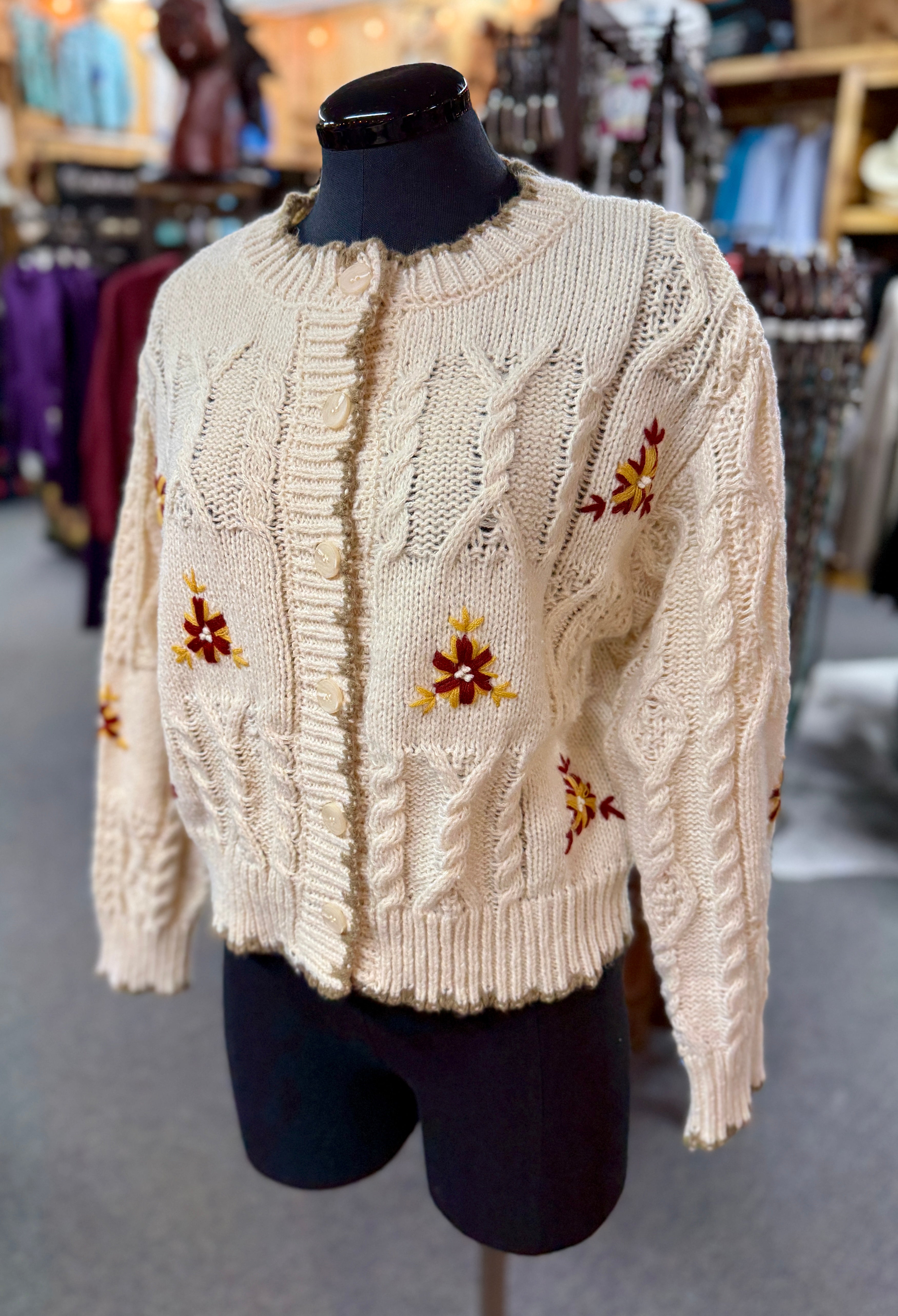 Women’s Checkered Cable Knit Floral Knit Cardigan