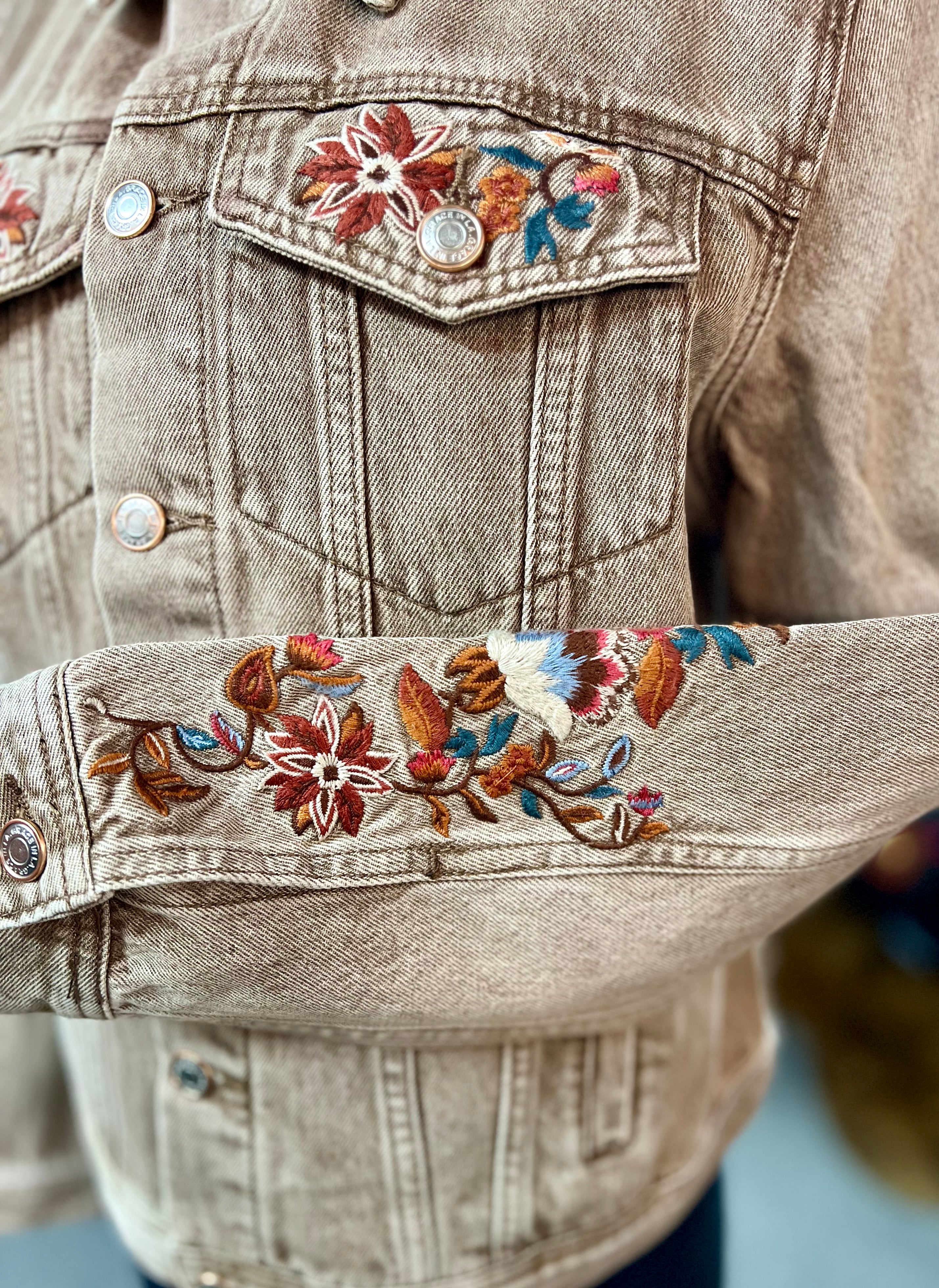 Grace in LA Tan Autumn Embroidered Denim Jacket