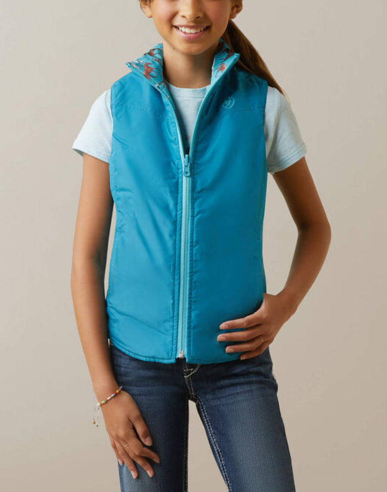 Ariat Bella Reversible Insulated Vest in MOSAIC BLUE/AQUA FOAM HERD PRINT