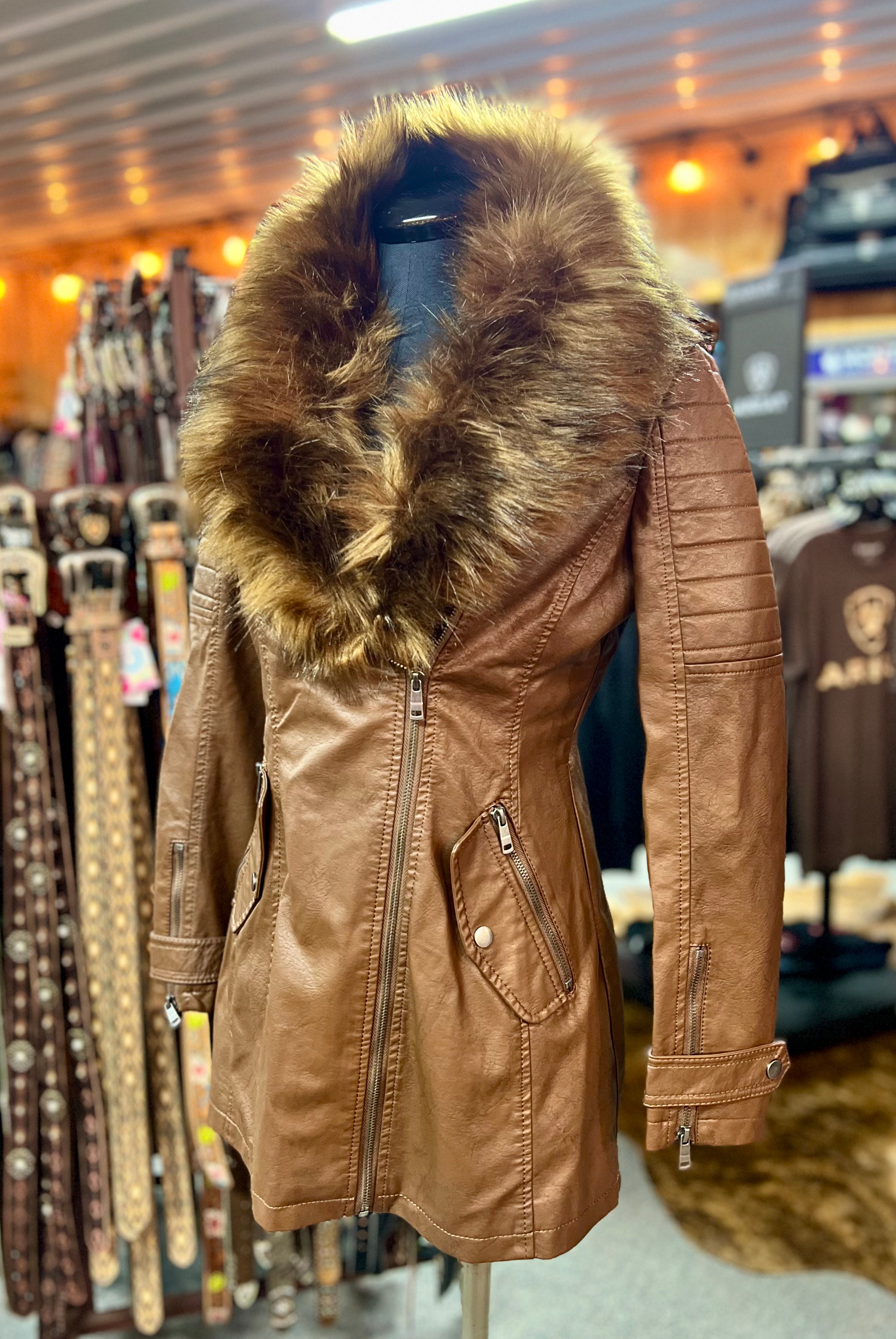 Camel Brown Faux Leather & Fur Trim Jacket