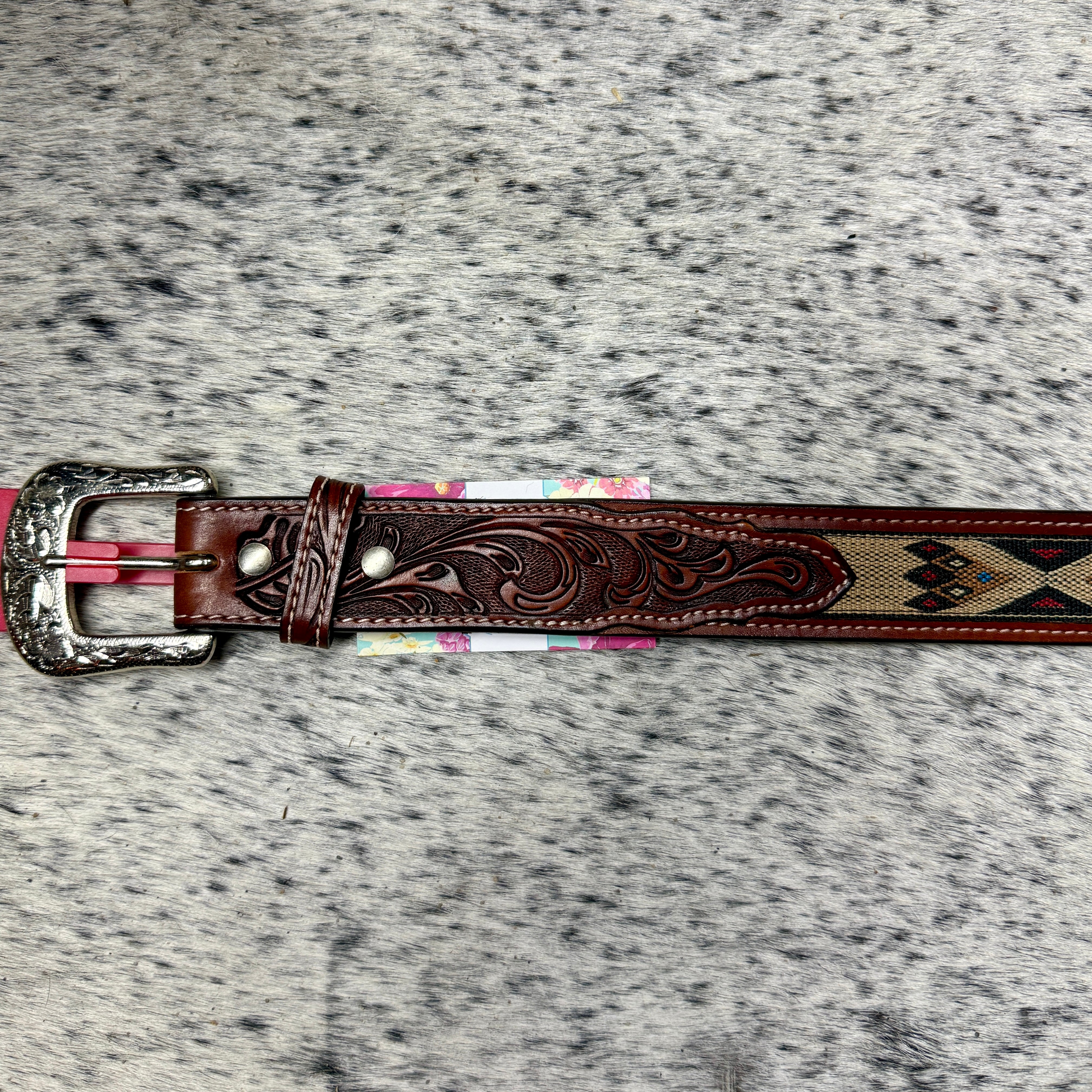 Mens Brown Tooled Hitched Belt