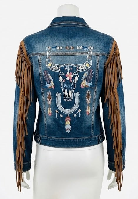 Women’s Denim Western Jacket with Steer Heads, Boots, and Fringe