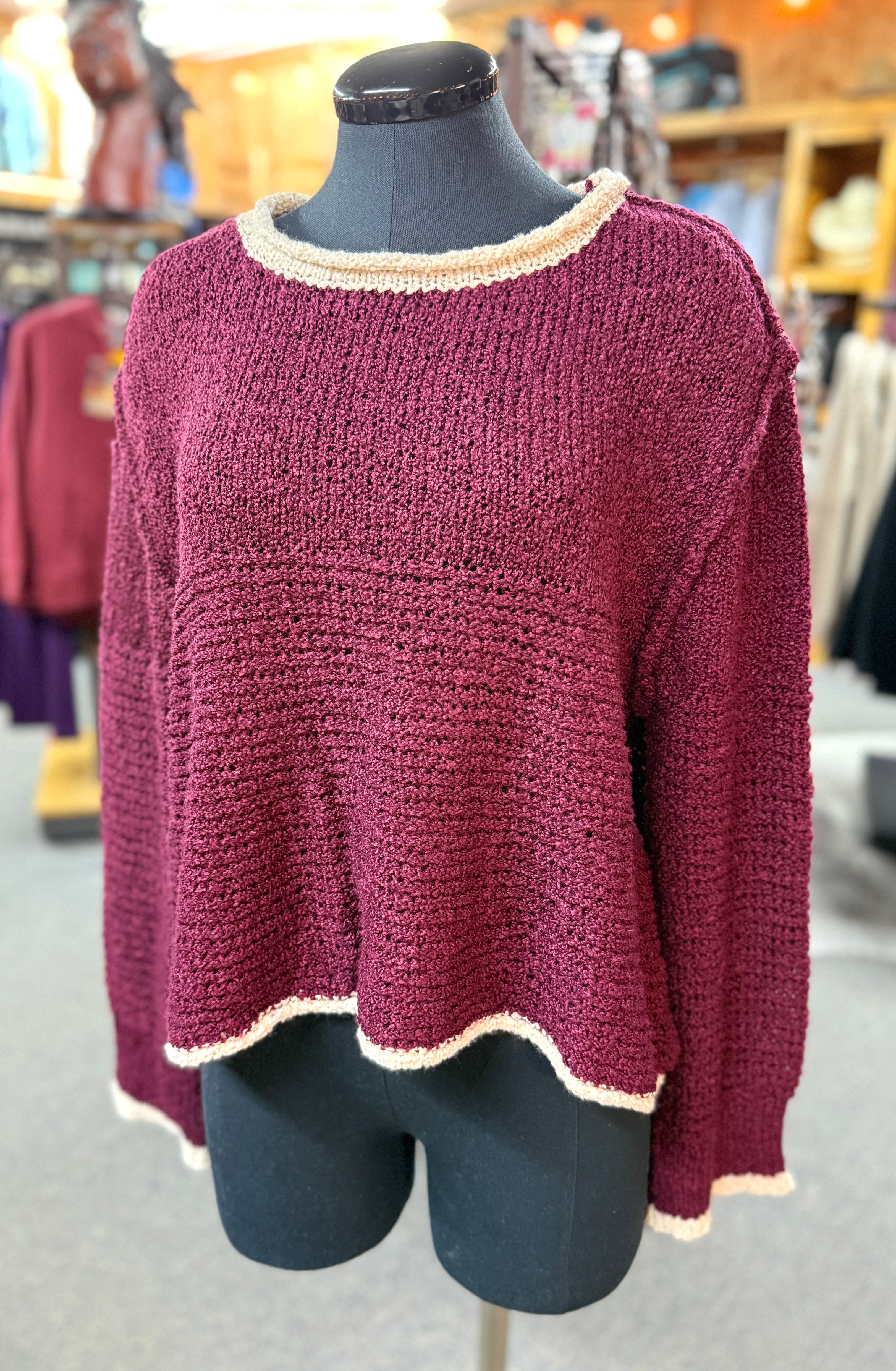 Women’s Contrast Trim And Knit Pattern Long Sleeve Sweater in Burgundy