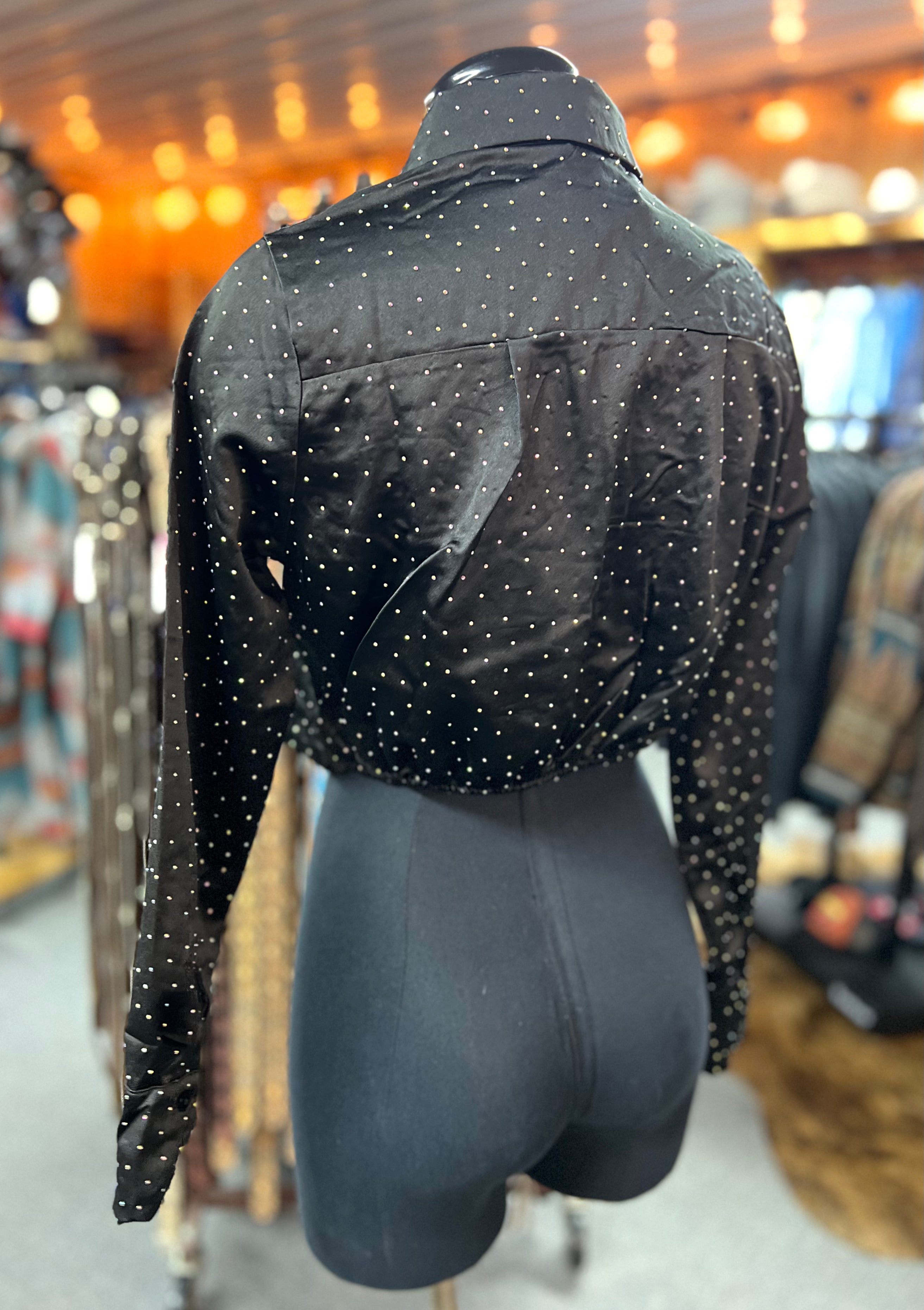 Black Satin Crystal Blouse Top