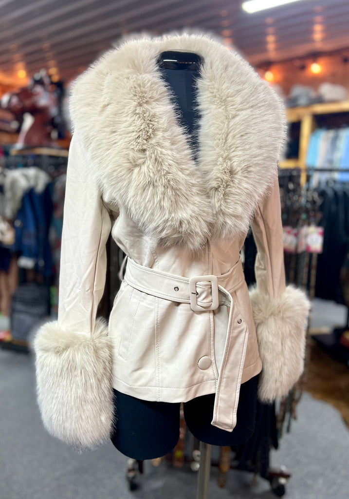 Ivory Fur Trimmed Jacket Vegan Leather with Belt – RM Tack & Apparel Ivory Fur Trimmed Jacket Vegan Leather with Belt – RM Tack & Apparel