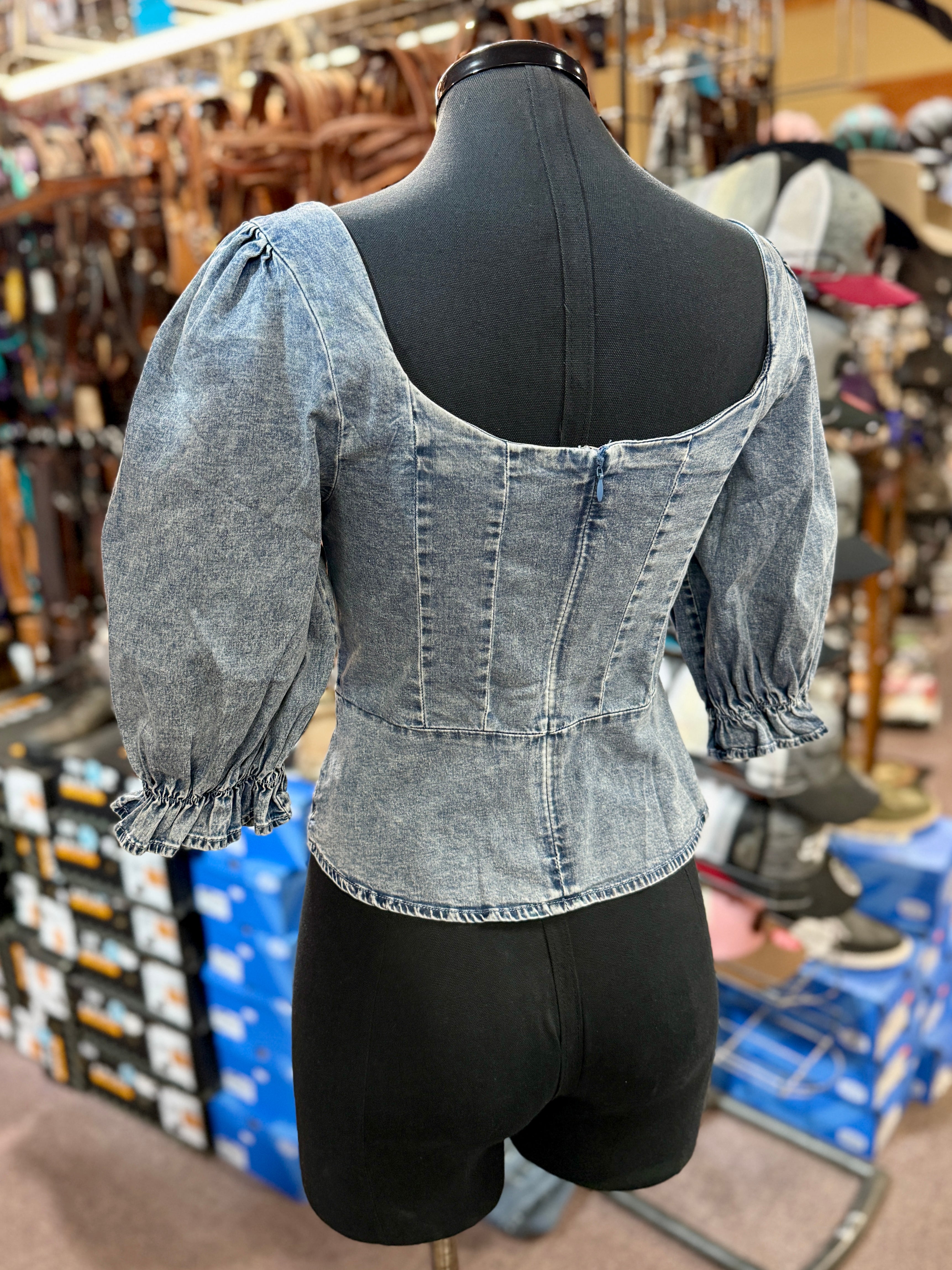 Lace-up Square Neck Denim Top
