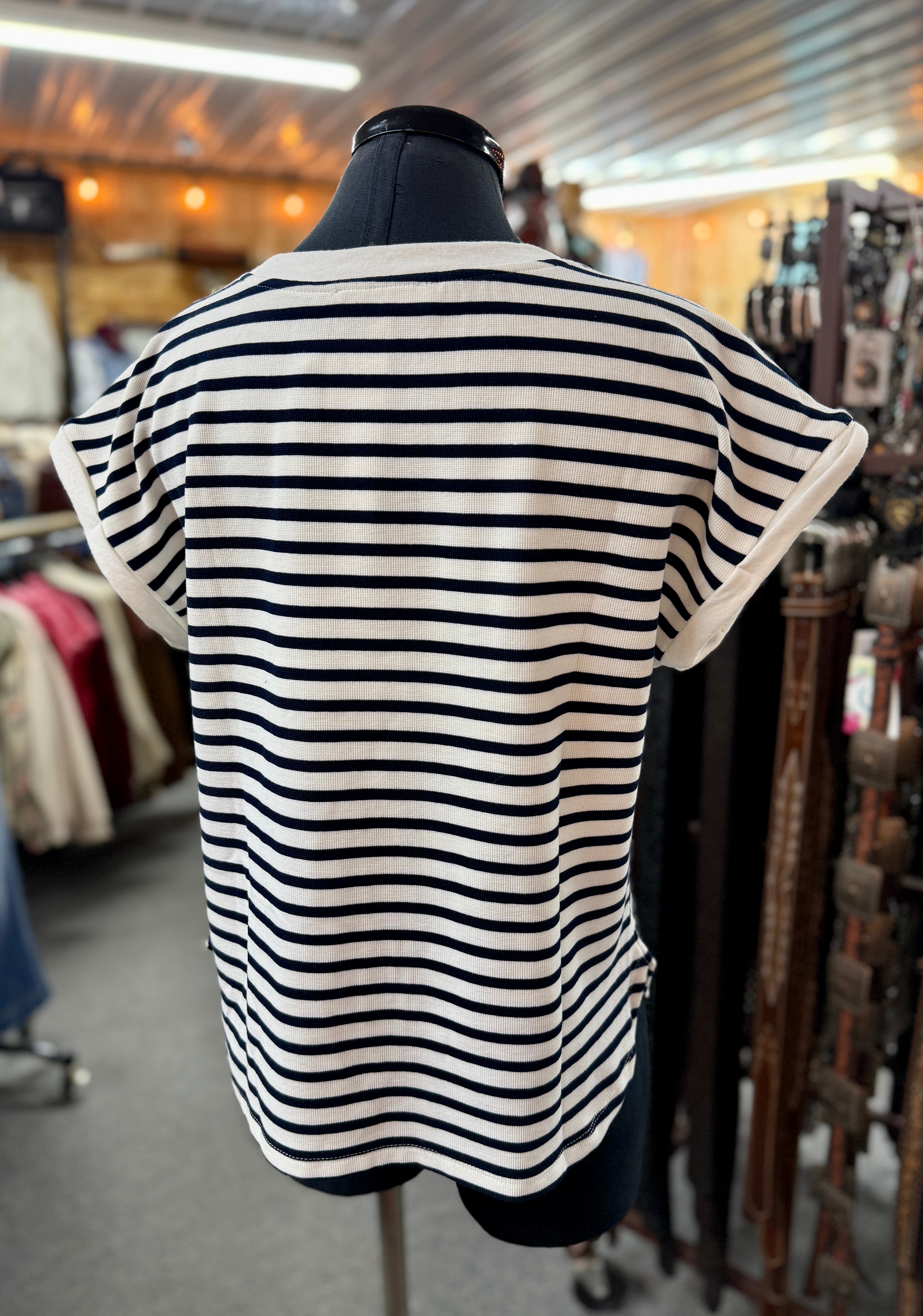Navy Stripe Stretch Knit Tee