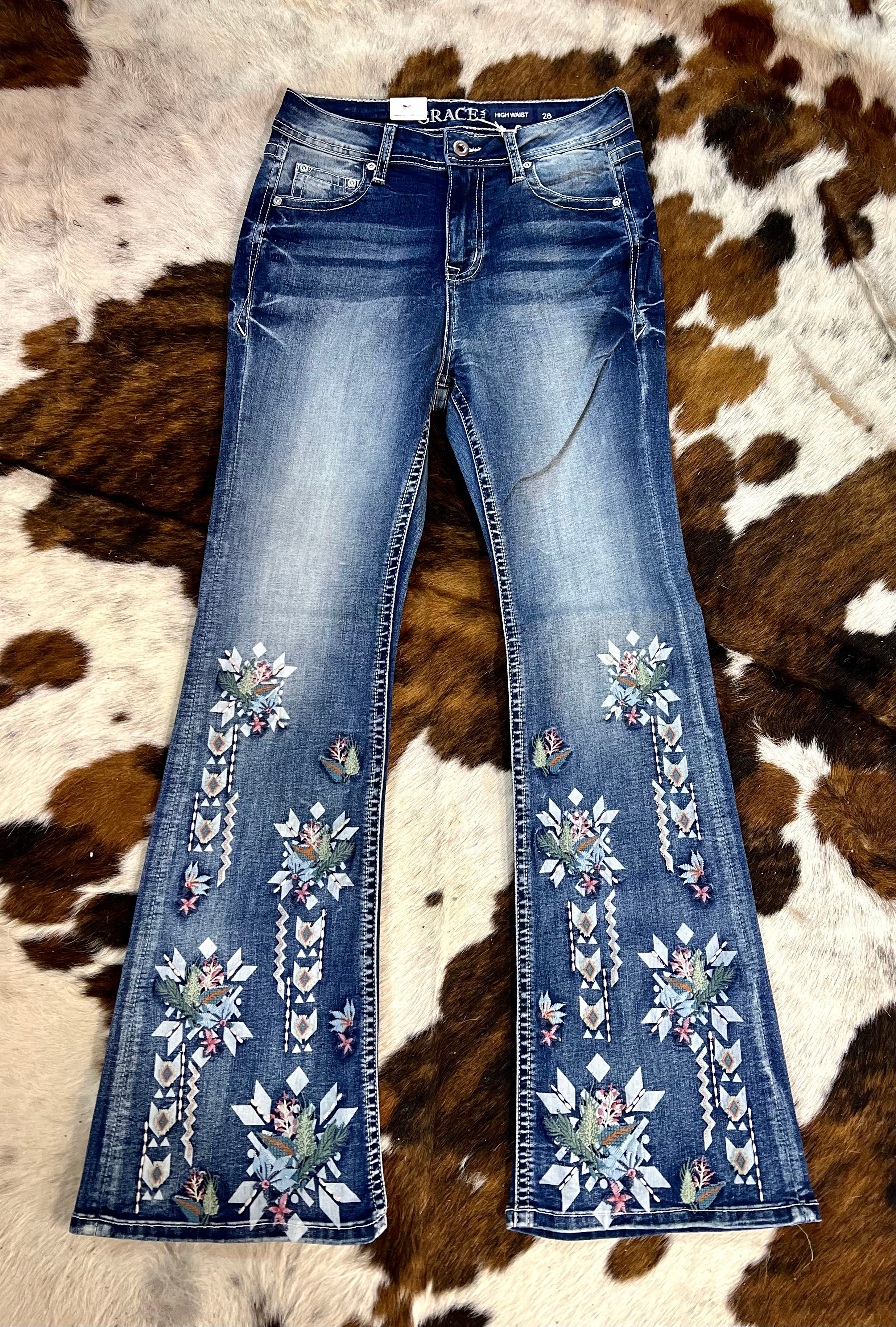 Grace in LA Geo Embroidered Bootcut Jeans