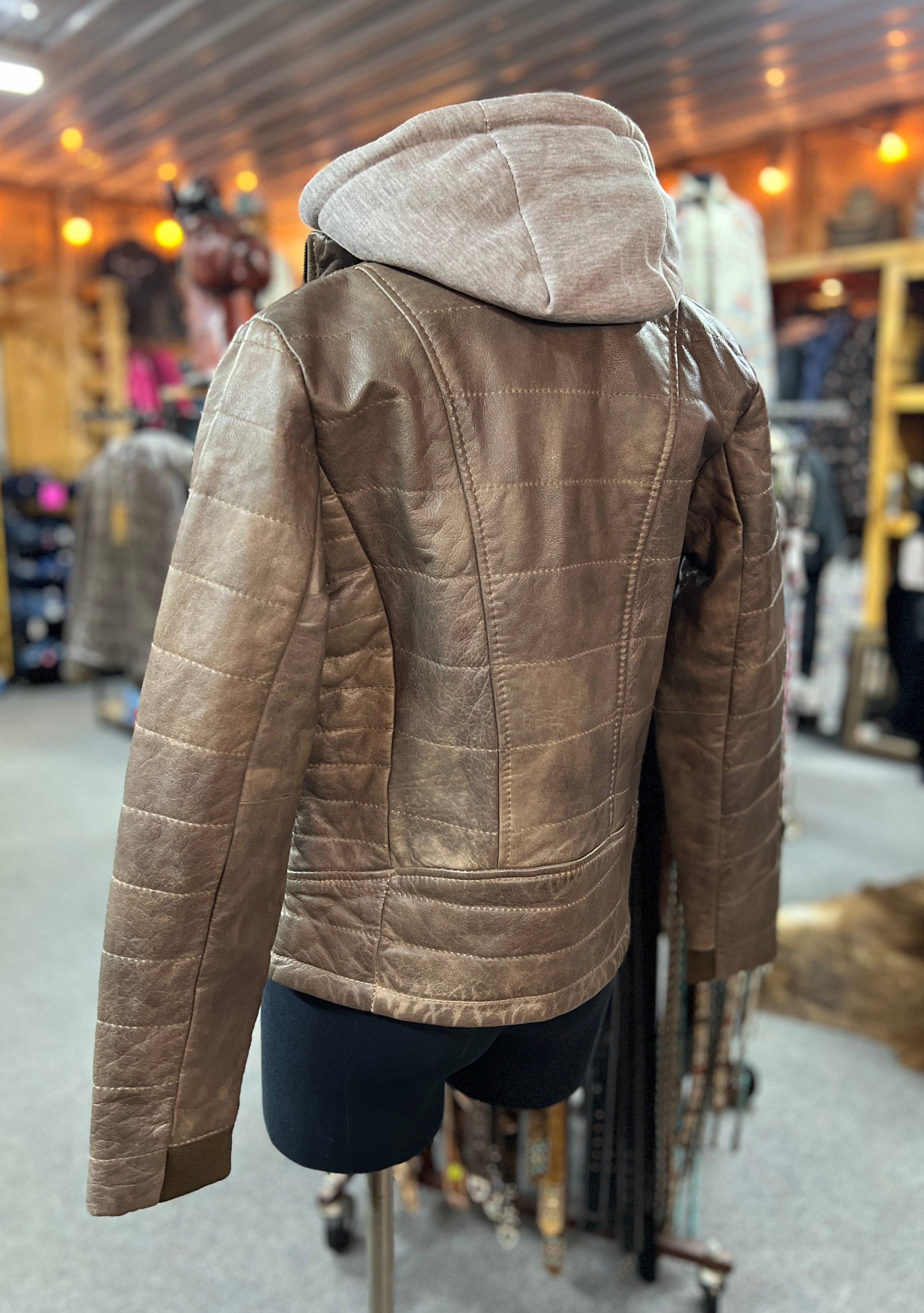 StS Taupe Leather Jacket with Hoodie | The Amberly