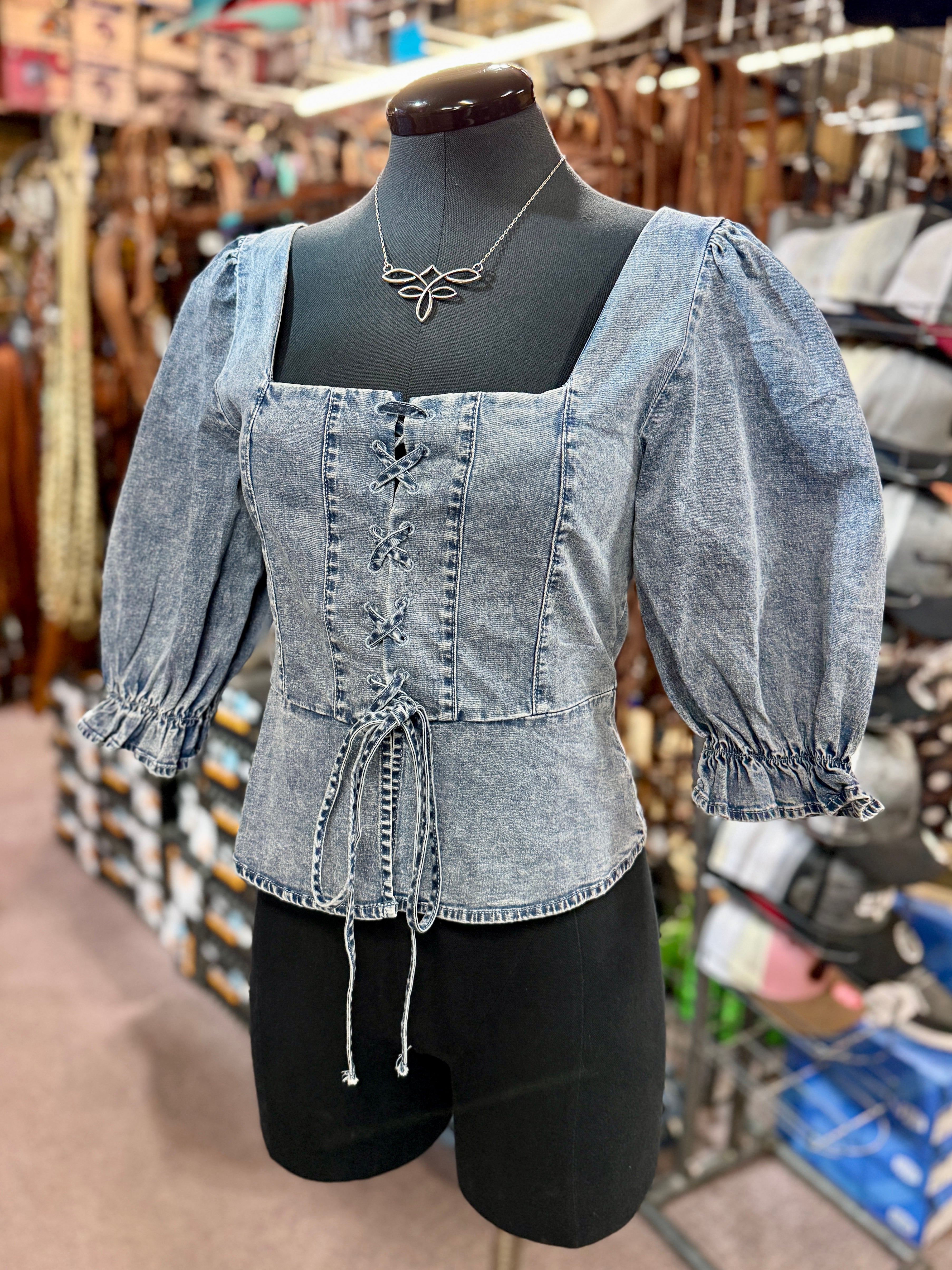 Lace-up Square Neck Denim Top