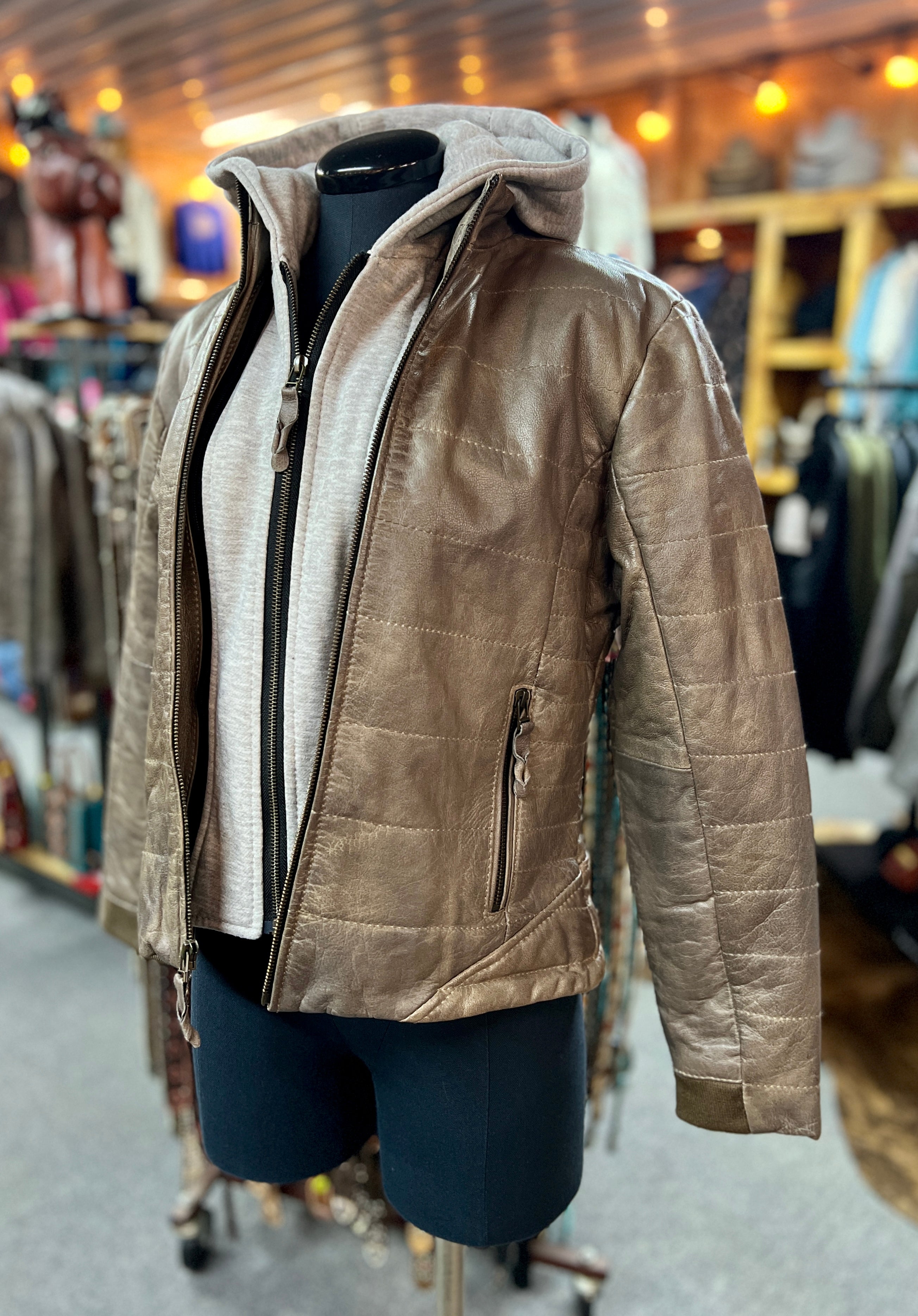 StS Taupe Leather Jacket with Hoodie | The Amberly