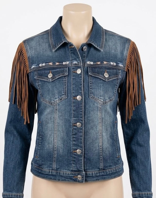 Women’s Denim Western Jacket with Steer Heads, Boots, and Fringe