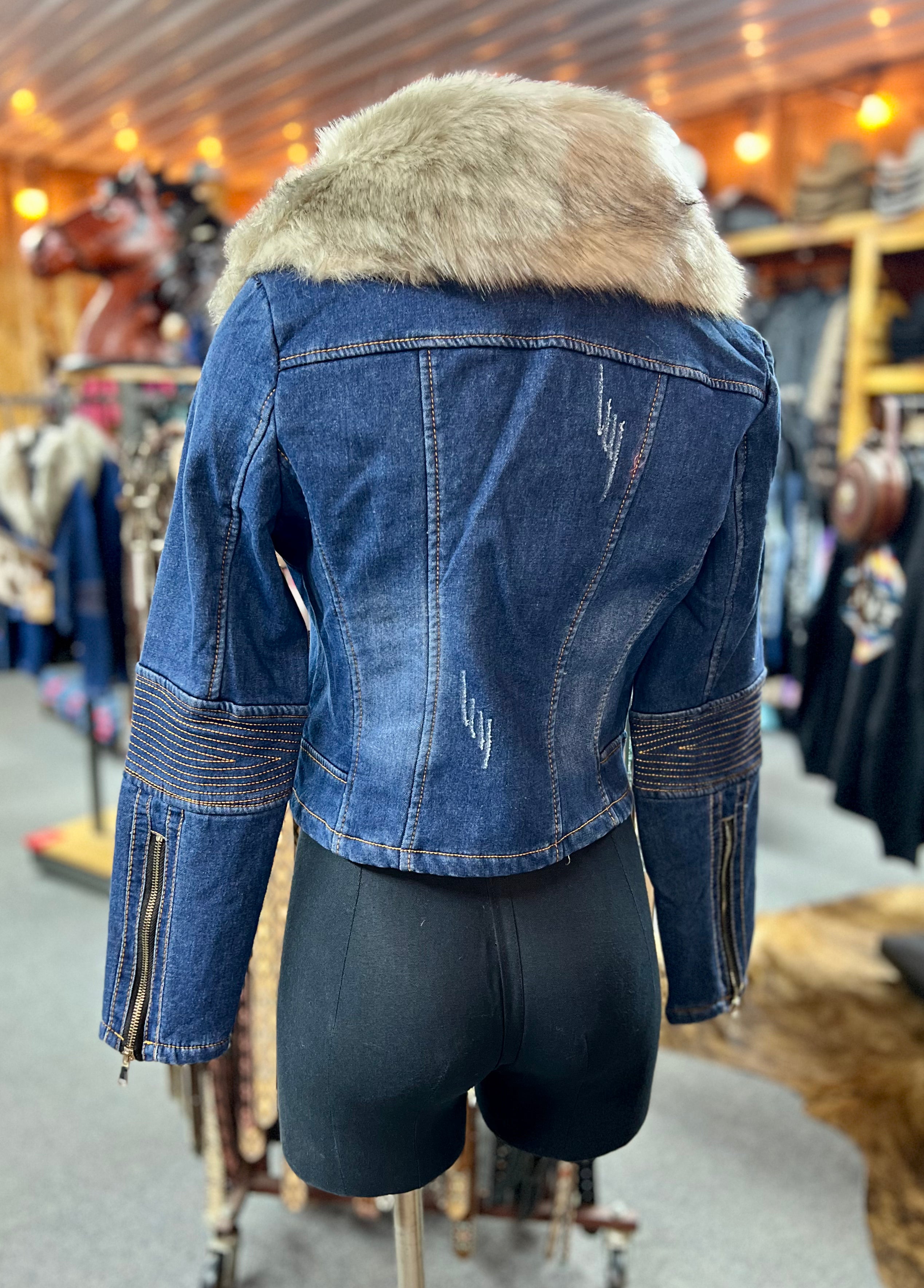 Denim Fur Cropped Jacket