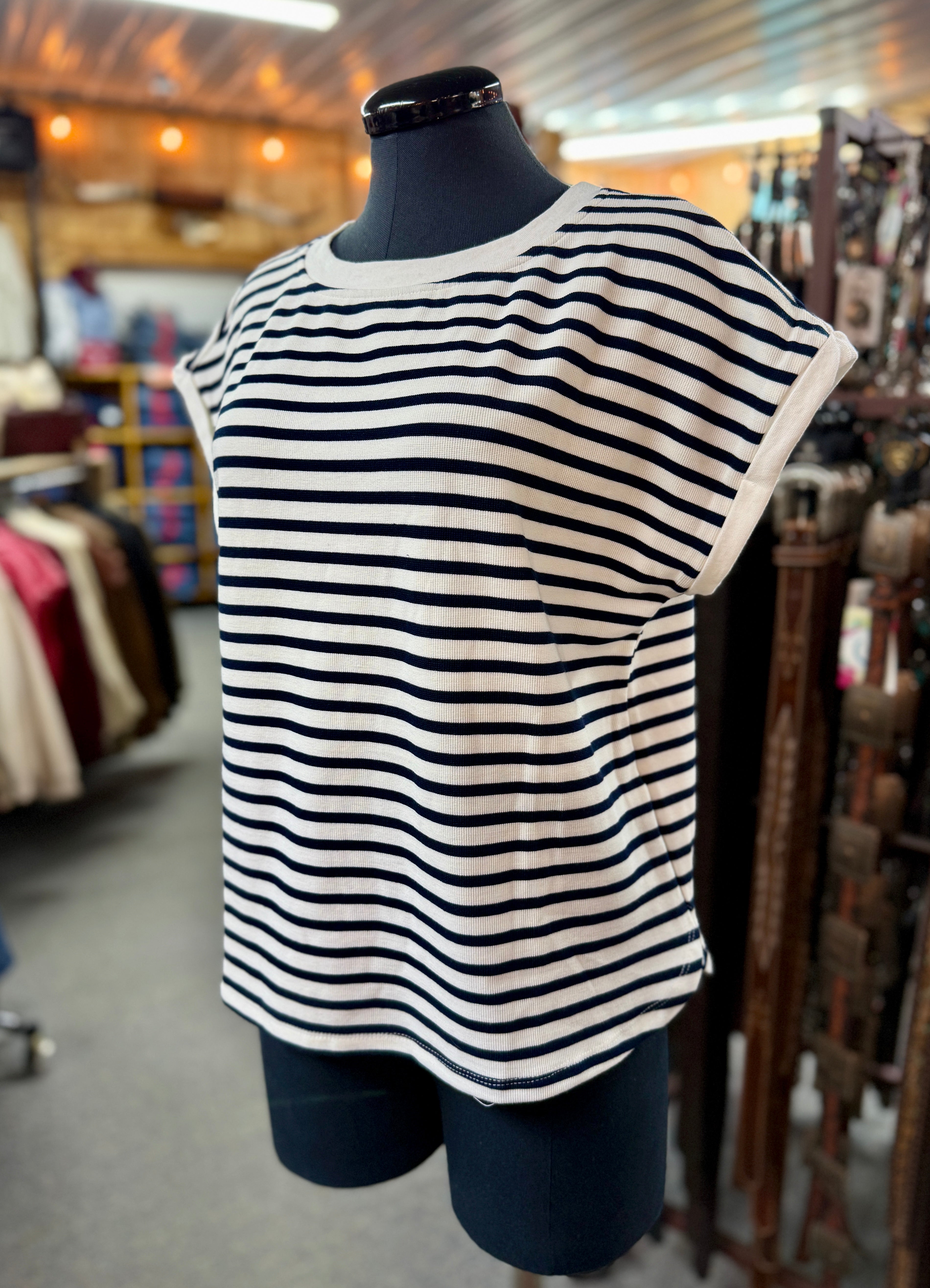 Navy Stripe Stretch Knit Tee