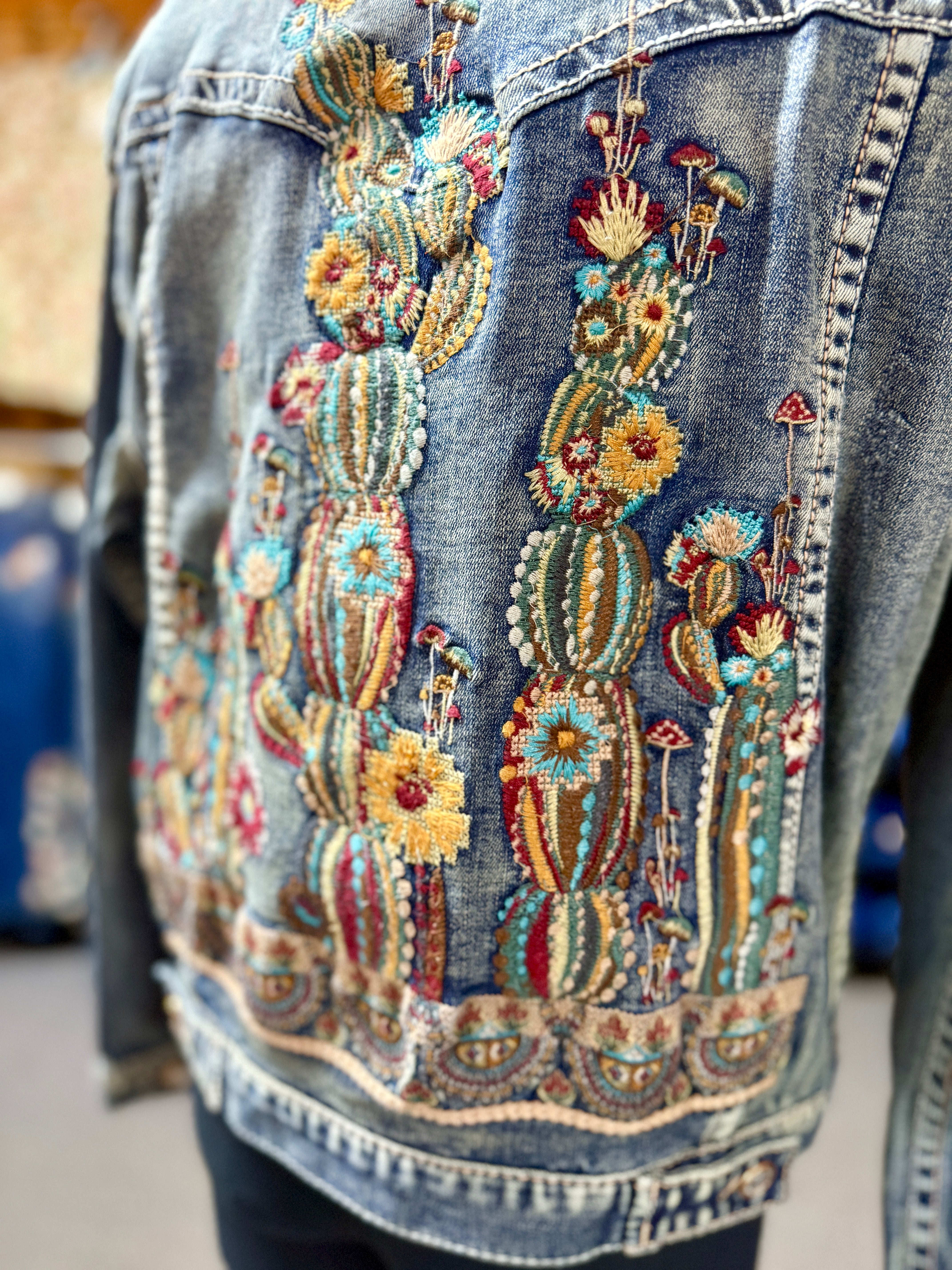 Grace in LA Embroidered Cactus Denim Jean Jacket