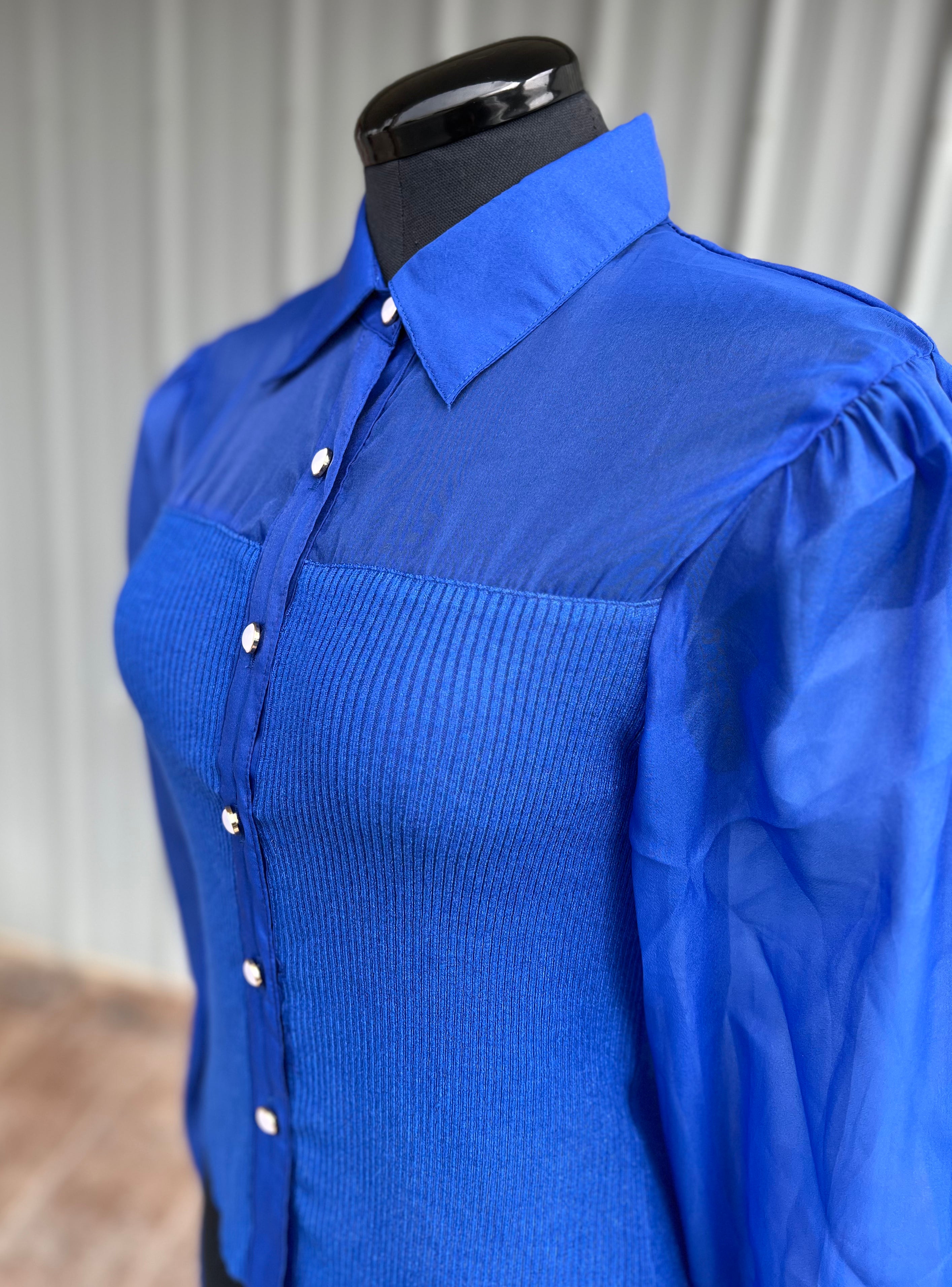 Ribbed Blue Button Down Top