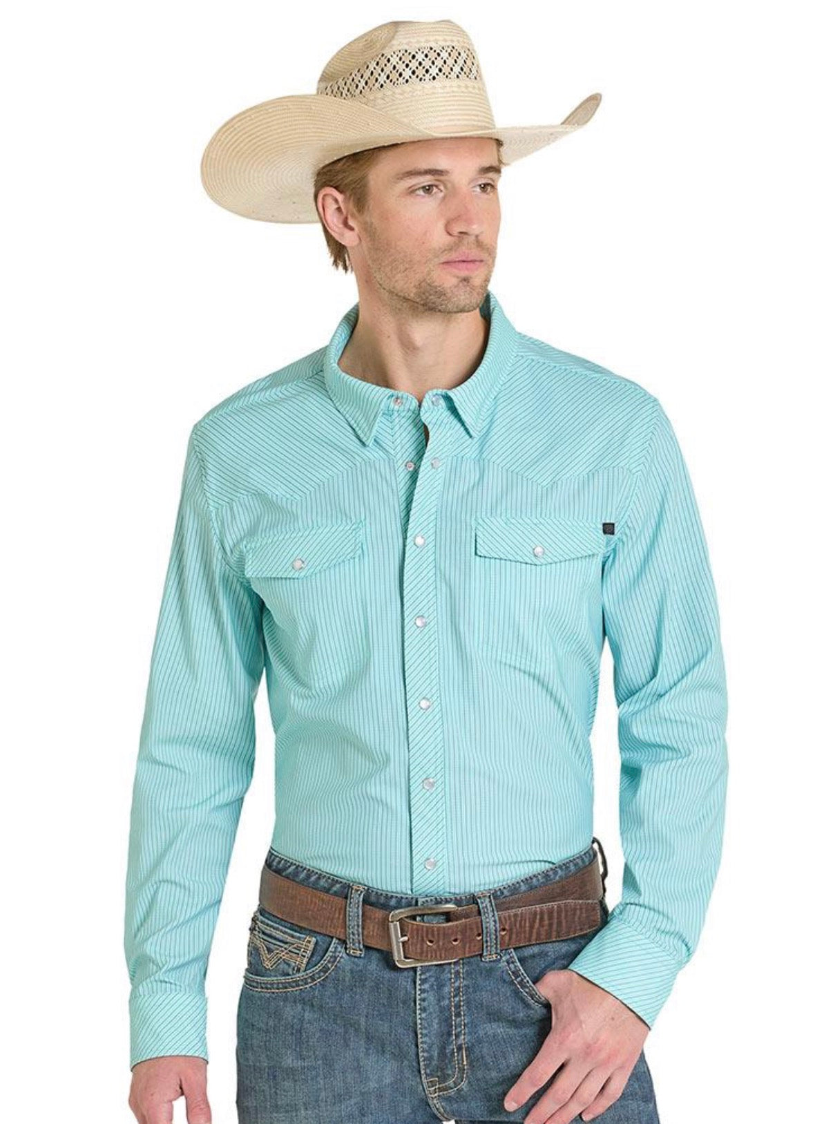 ROCK & ROLL DENIM MEN'S TURQUOISE MICRO STRIPE TEK WESTERN SHIRT