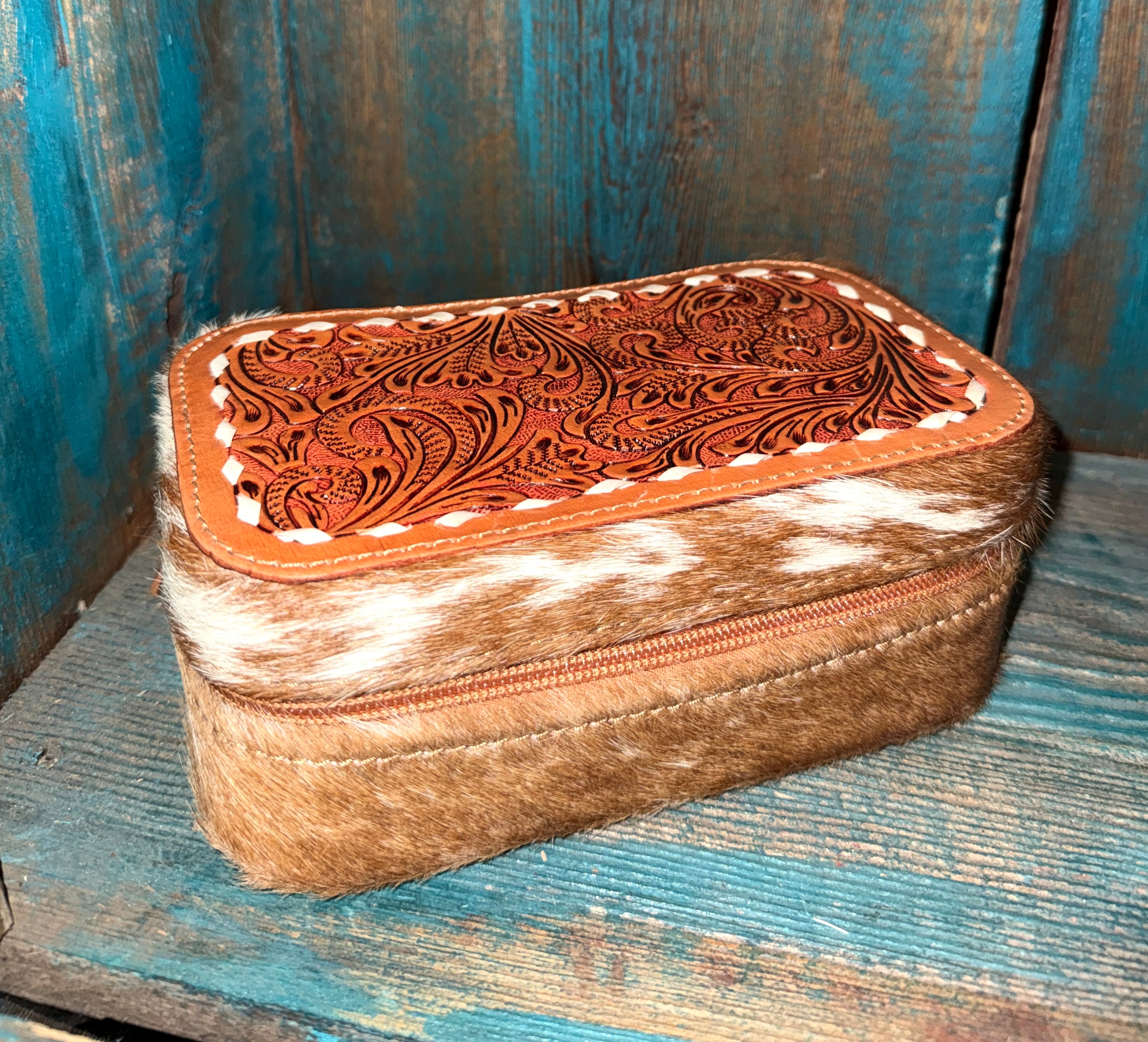 Rectangle Tooled Cowhide Jewelry Box