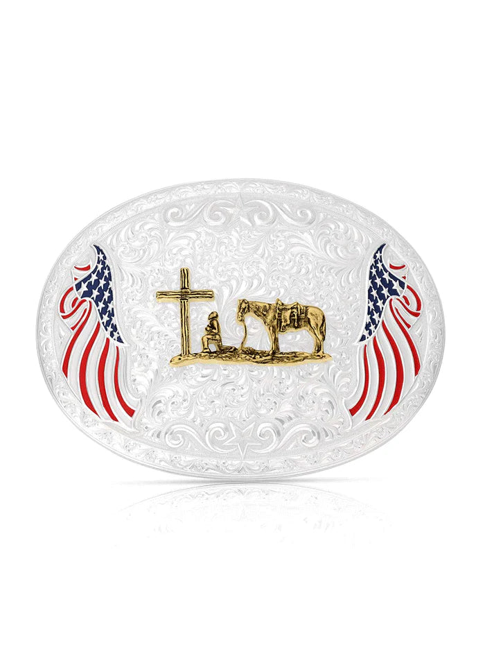 Silver Oval Flag Pray Cowboy Buckle