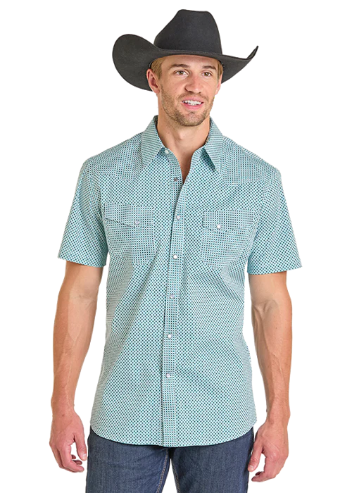 Men’s Rock&Roll Teal/White Geo Print Short Sleeve Snap Shirt