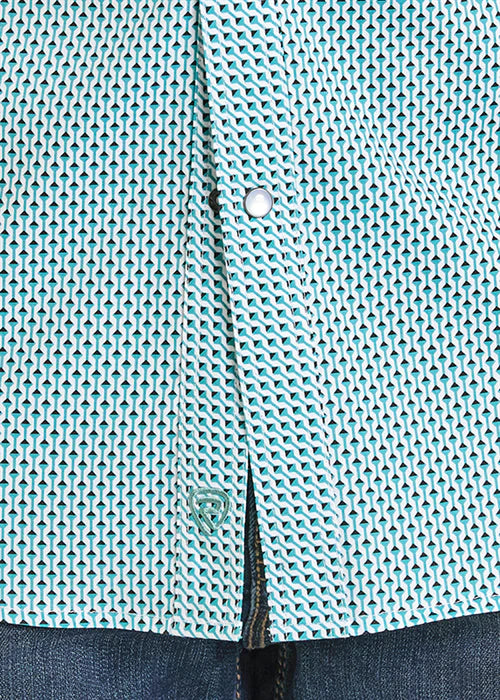 Men’s Rock&Roll Teal/White Geo Print Short Sleeve Snap Shirt