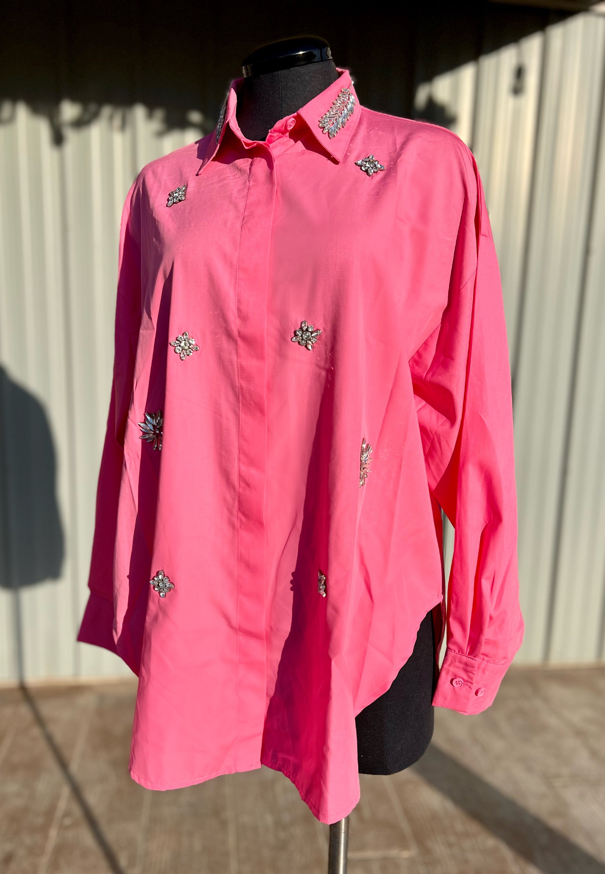 Pink Crystal Embellished Button Down Blouse