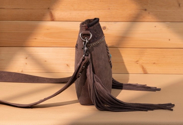 Montana West Cross body tooled Leather, fringe and Teal Aztec concho - RM Tack & Apparel