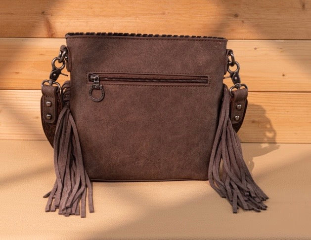 Montana West Cross body tooled Leather, fringe and Teal Aztec concho - RM Tack & Apparel