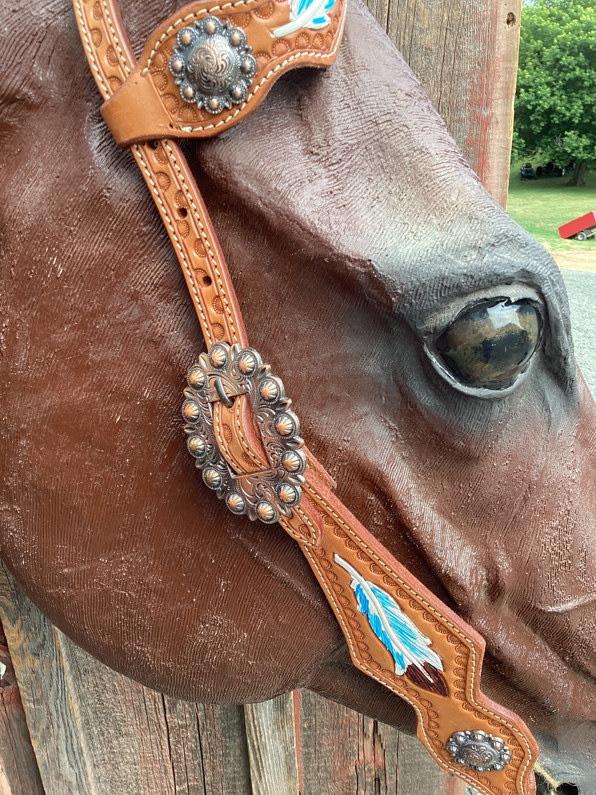 Light Oil Single Ear Headstall with Tooled Feathers