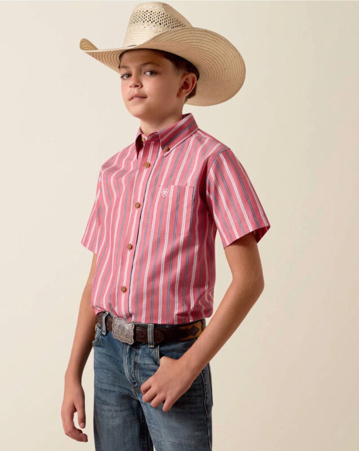 Boys Ariat Pro Series Bobby SS Shirt-HIBISCUS RED STRIPE